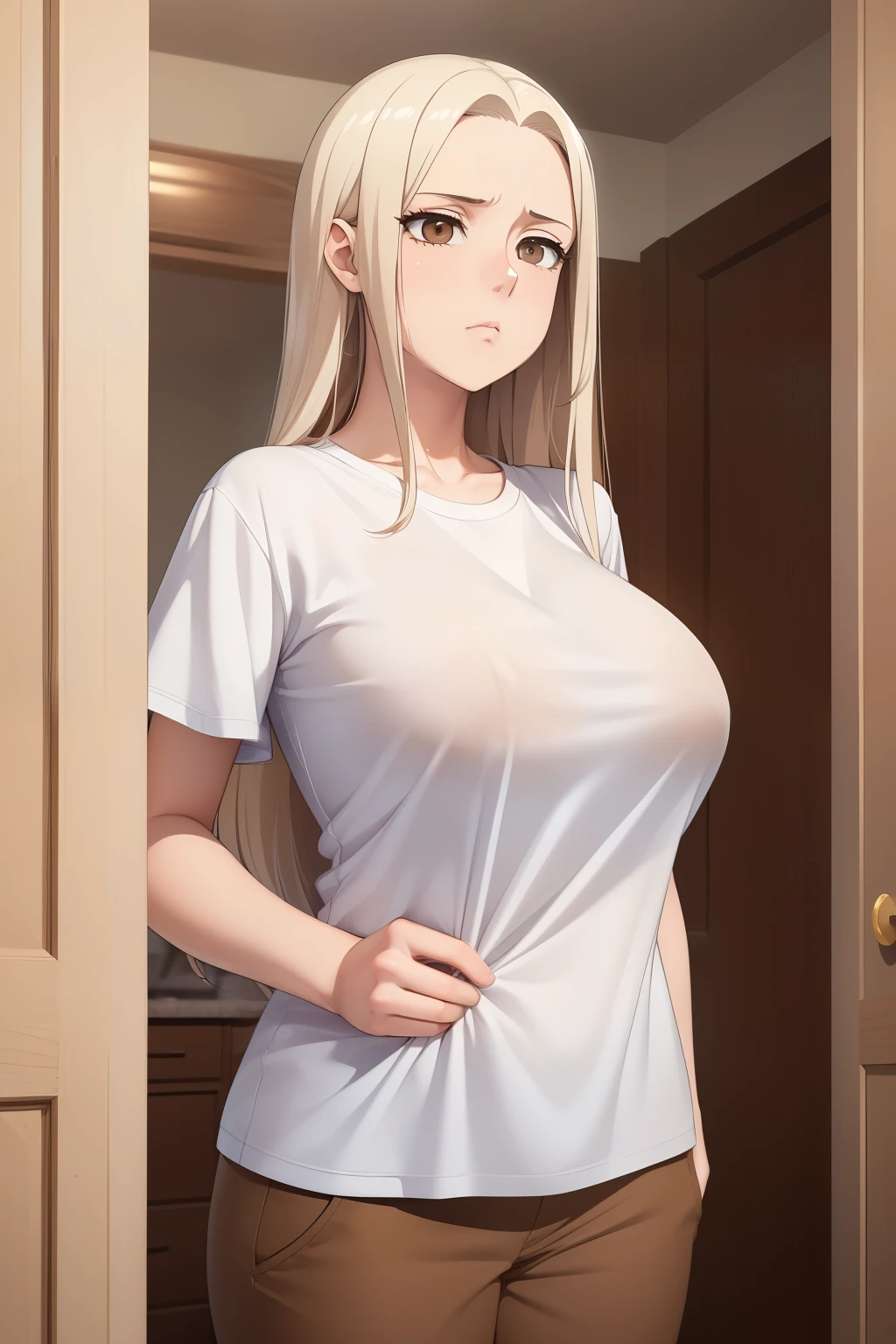 ((masterpiece, best quality:1.4)), illustration, 8k, hd, cowboy shot, anime style, detail face, detail eyes, rich girl, house, white T-shirt, small female coat, brown trousers, (massive boobs), long white hair, brown eyes, mature, sad, ((lifeless eyes, bland eyes)), depressed 