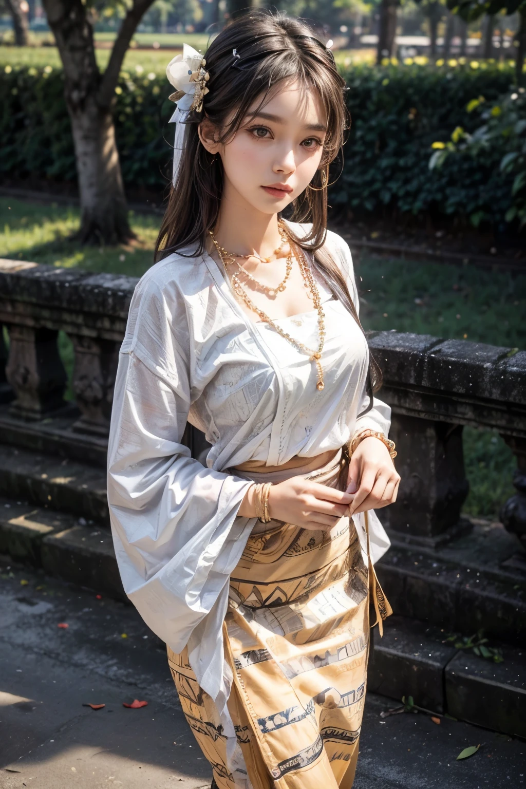 1 girl, solo, beautiful girl, pretty eyes and face, long hair, MMTD Burmese patterned traditional dress, pearl necklace and gold bracelets, standing, public park background, dramatic light, golden hour setting, photo, realistic photo, masterpiece, best quality, ultra detailed, 8k