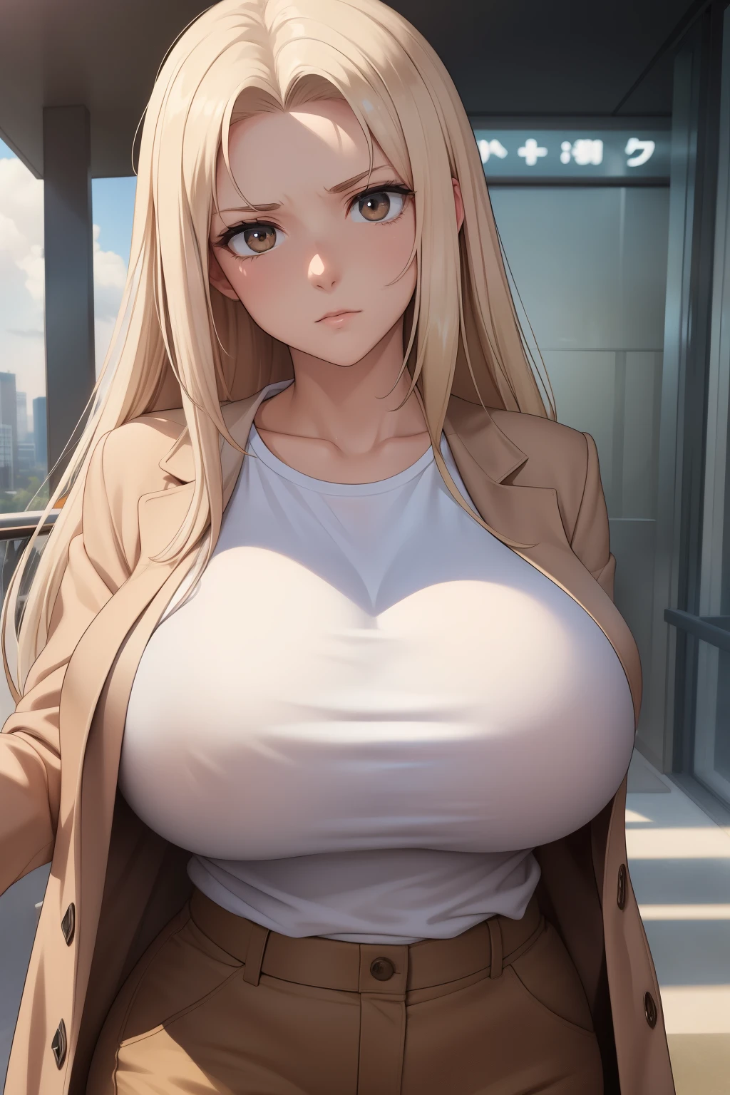 ((masterpiece, best quality:1.4)), illustration, 8k, hd, cowboy shot, anime style, detail face, detail eyes, rich girl, city, white T-shirt, brown coat, brown trousers, (massive boobs), long white hair, brown eyes, mature, sad, ((lifeless eyes, bland eyes)), depressed 