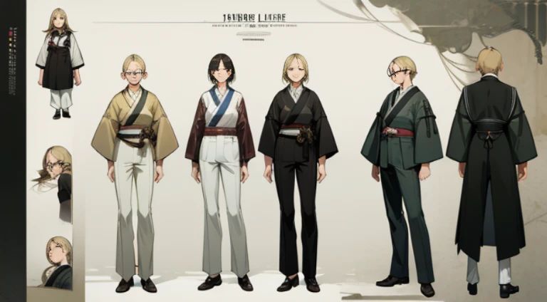 (brown blonde hair,black eyes,white shirt,suit pants student,farm,wears glasses,black English leather shoes,concept art,detailed,highly detailed character design,beautiful full body concept art,great character design,detailed anime character art,character design art,high-quality character design,detailed character design,[character design],[multi-angle character:head,clothing,shoes,clothing details],Japanese manga style,realistic)