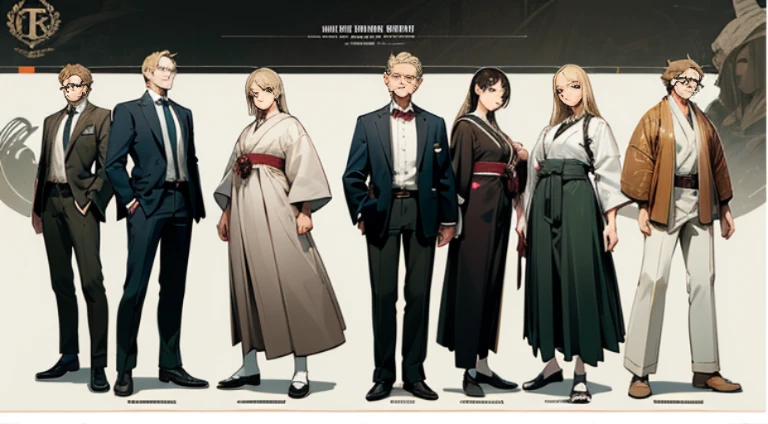 (brown blonde hair,black eyes,white shirt,suit pants student,farm,wears glasses,black English leather shoes,concept art,detailed,highly detailed character design,beautiful full body concept art,great character design,detailed anime character art,character design art,high-quality character design,detailed character design,[character design],[multi-angle character:head,clothing,shoes,clothing details],Japanese manga style,realistic)