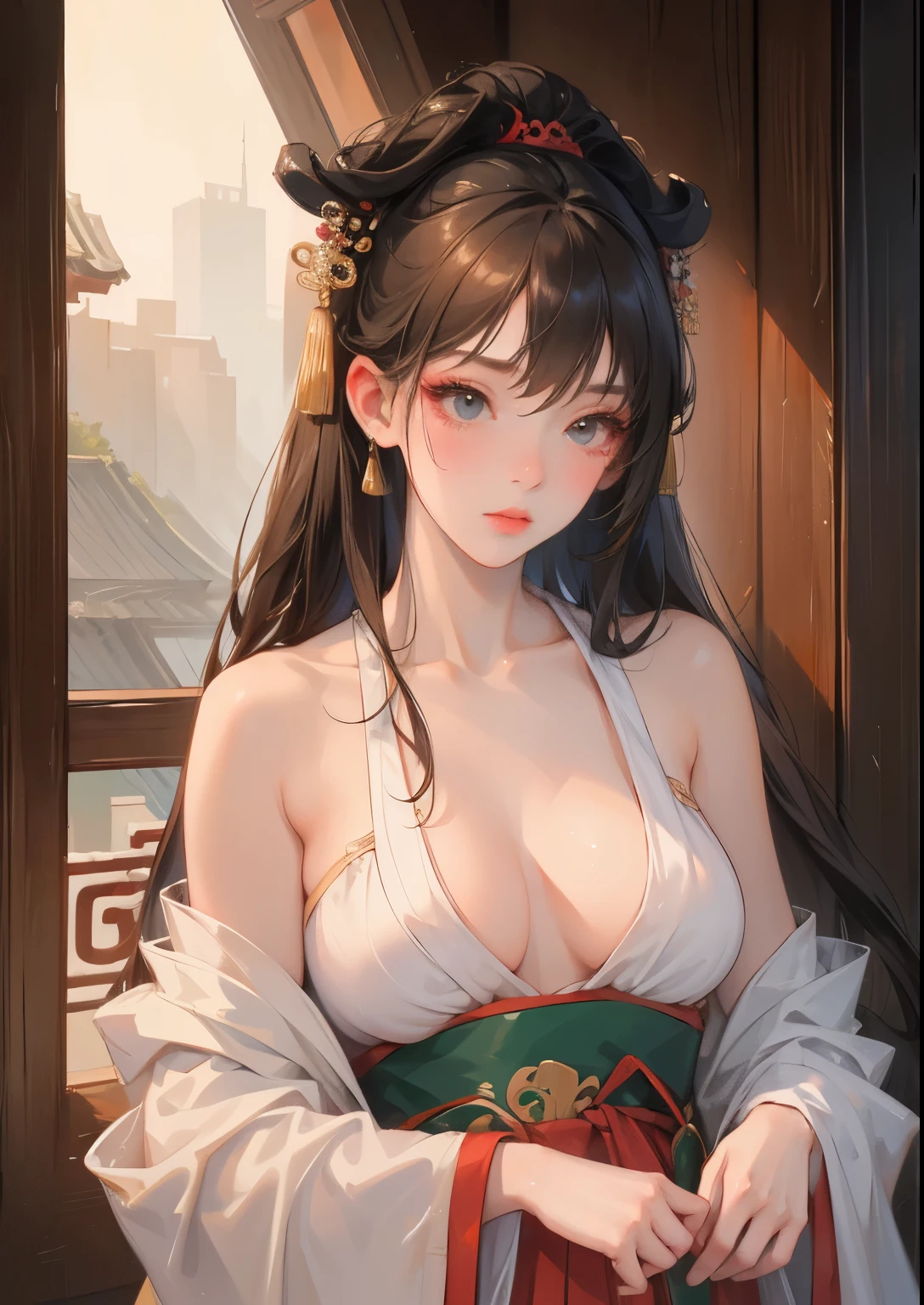 (masterpiece), (best quality), photorealistic, RAW photo, 1girl, sexy, cleavage, Hanfu, ruqun, Chinese clothes, bare shoulder