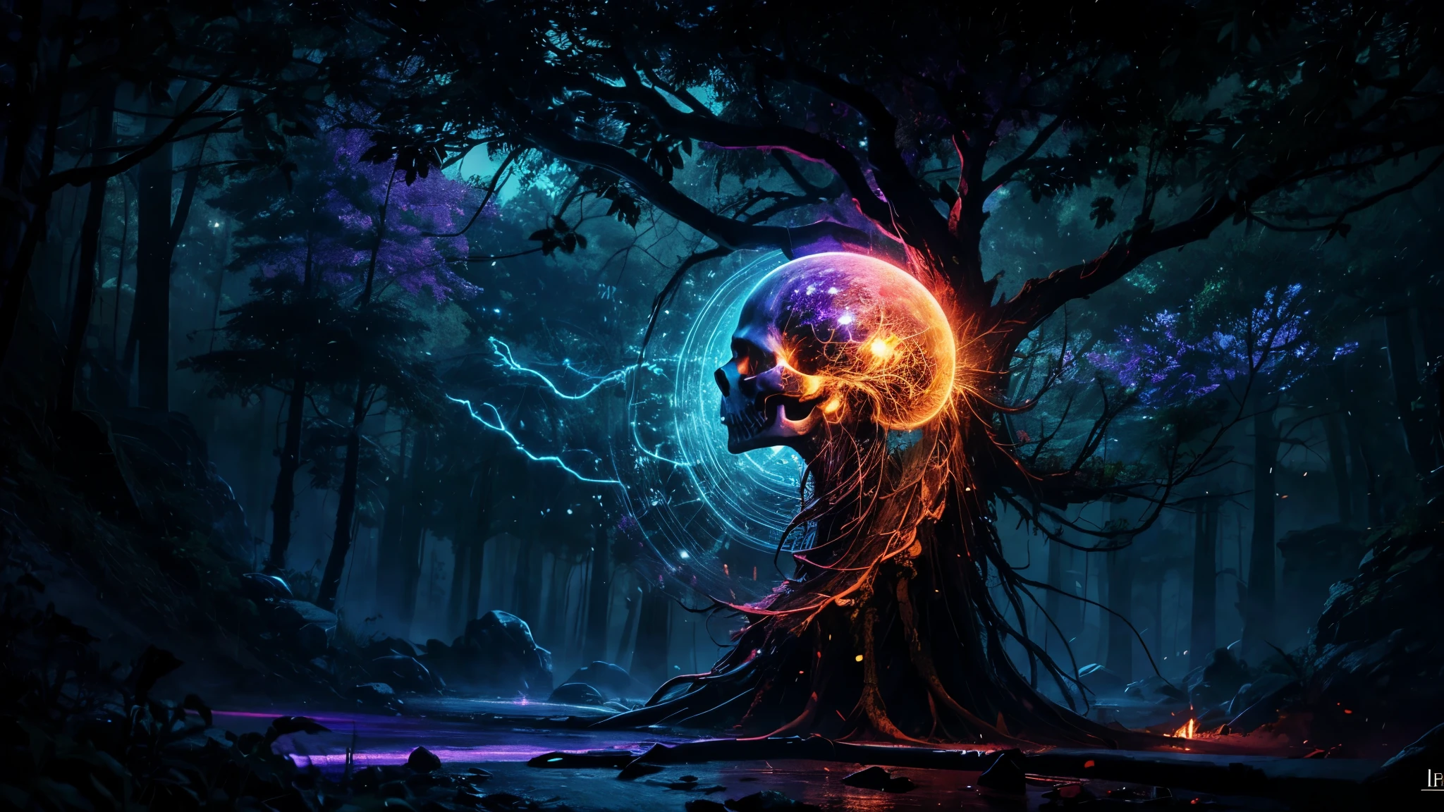 Abstract twisted tree roots with tree roots wrapped around a skull，Above the skull is a weird dripping ground.，，light composition，rainbow，rainbow围绕着头骨，Full of energy，Illustrated circular composition of various structural force effects，alone，GBA portrait，Fantastic decorative elements decoration combination，