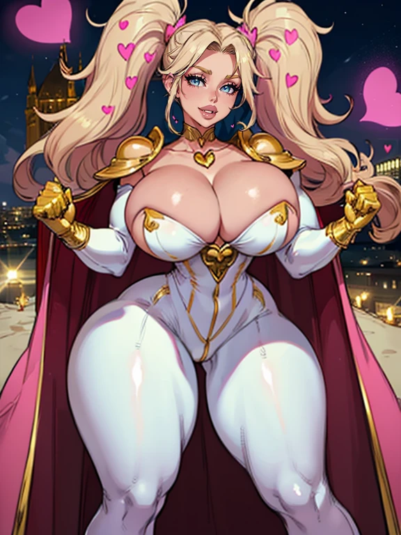 wavy blonde hair, pink highlights,pink thick lips, beautiful long legs, glowing skin, goofy smile,twintail, white bodysuit,((bodysuit with gold details)), gloves, golden neckline,full body standing,strapless dress,((heart shaped neck necklace)),city at night, on top of a building, watching like a hero,{((golden details throughout the costume))},),(((golde pointed shoulder pads up))), {{fullbody}},(((long cape on the coast))).