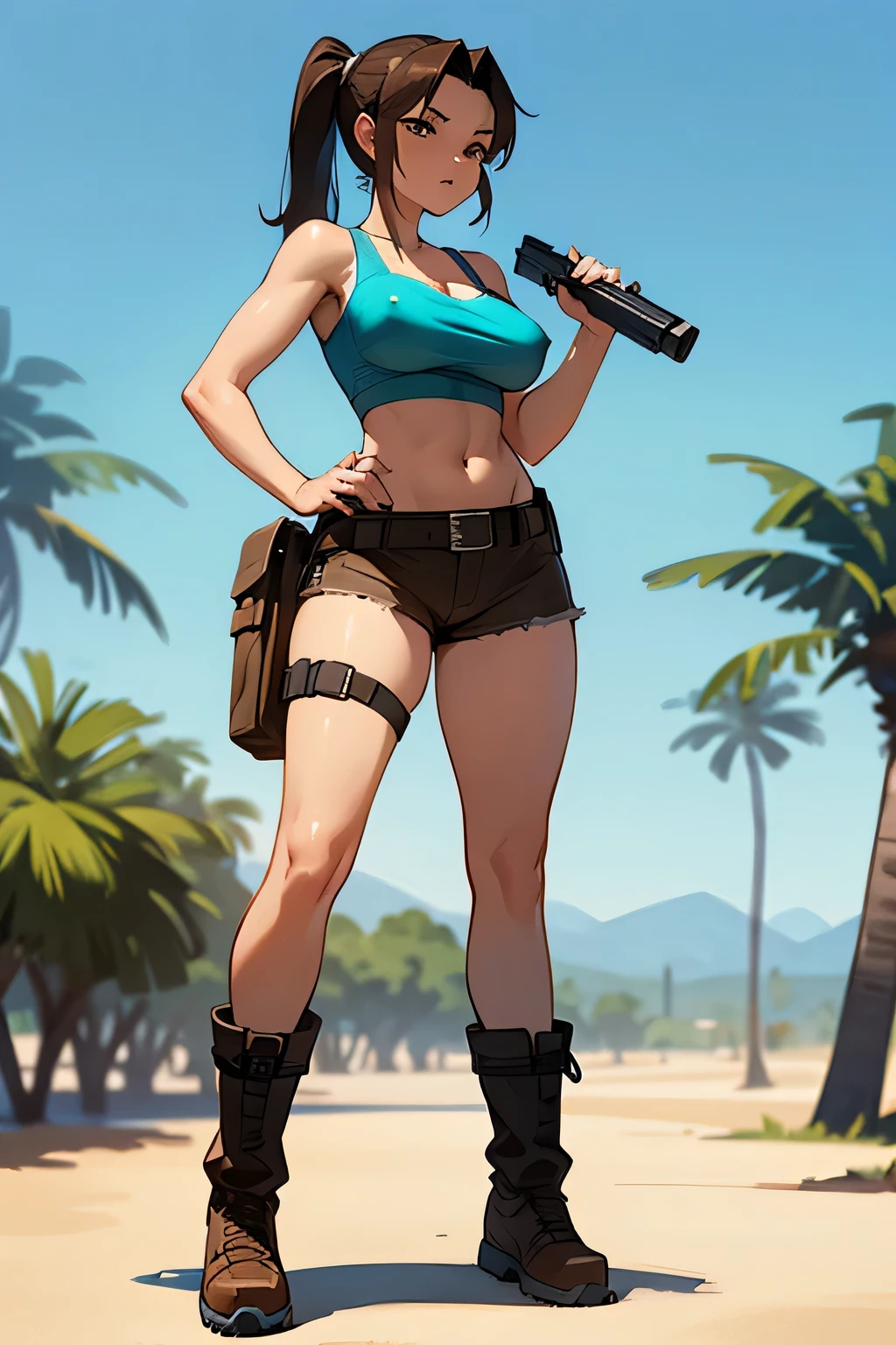 masterpiece, best quality, expressive eyes, perfect face, large breast, big breast, small waist, perfect figure, highly detailed, showing cleavage, brown eyes, large nipples, Brown hair, one pony tail, bangs, dressed as lara croft, full body portrait, she's in the desert, brown shorts, belt gun holster, teal spandex top, brown hiking boots, palm trees in the background, brown shorts, dark brown shorts, short shorts, teal top, mid section exposed