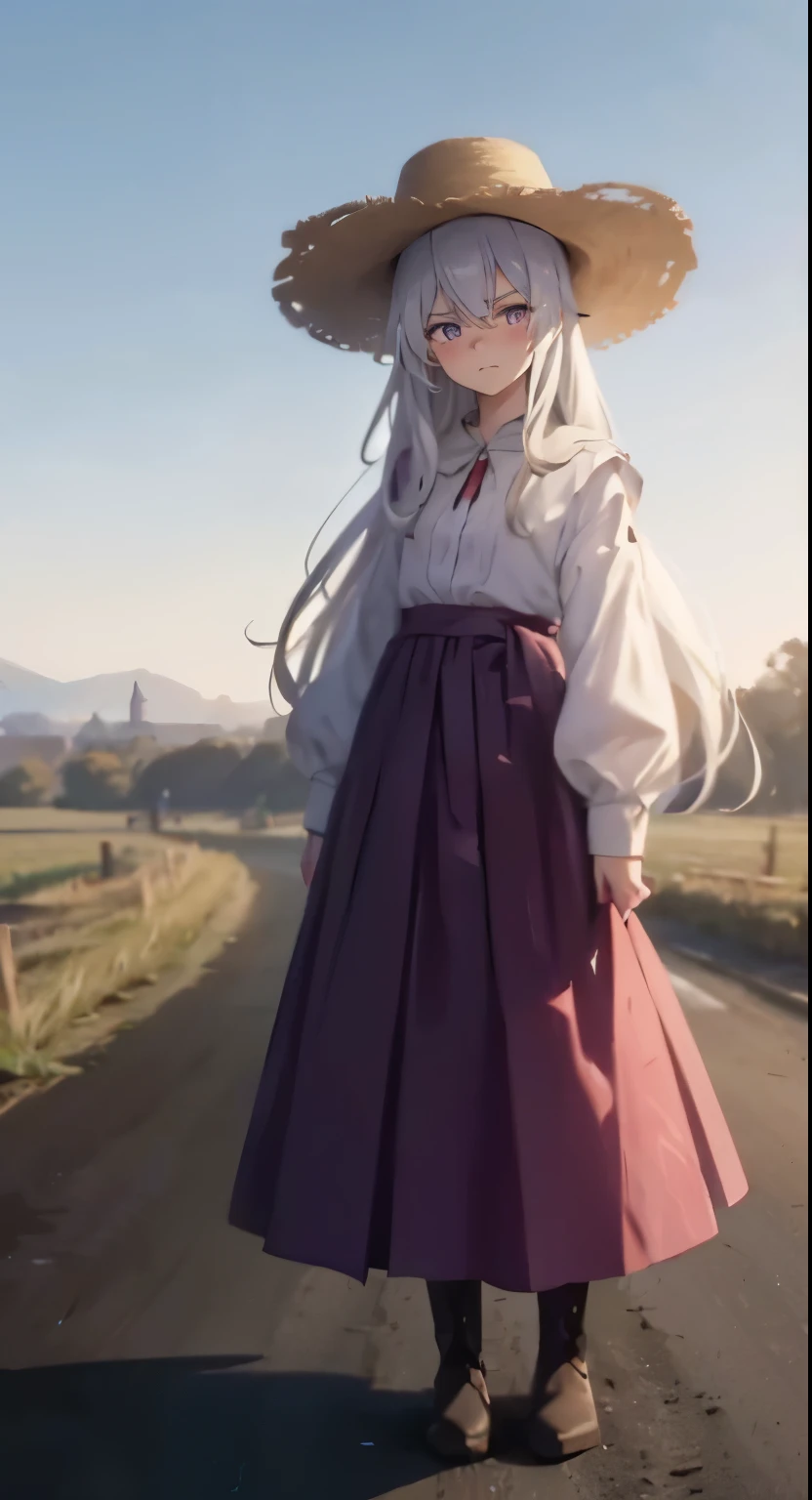 Masterpiece, 4k, hd, elaina (majo no tabitabi), beautiful, Farmer cosplay, white hair,flat chest, long hair, Crested, hair between eyes, solo, purple eyes, Farmer clothes , Traditional, traditional style, simple clothes, Farmer hat, conical hat, open clothes, boot, Hoe, Sulking, angry, cheeks puffed out , blushing, stand, road, The road leads to the viewer, the road is made of dirt, she stands in the middle of the road, full image, mattock, Far away, the viewer looks from afar, she stand 10 meter from viewer, (the camera is slightly taller than him