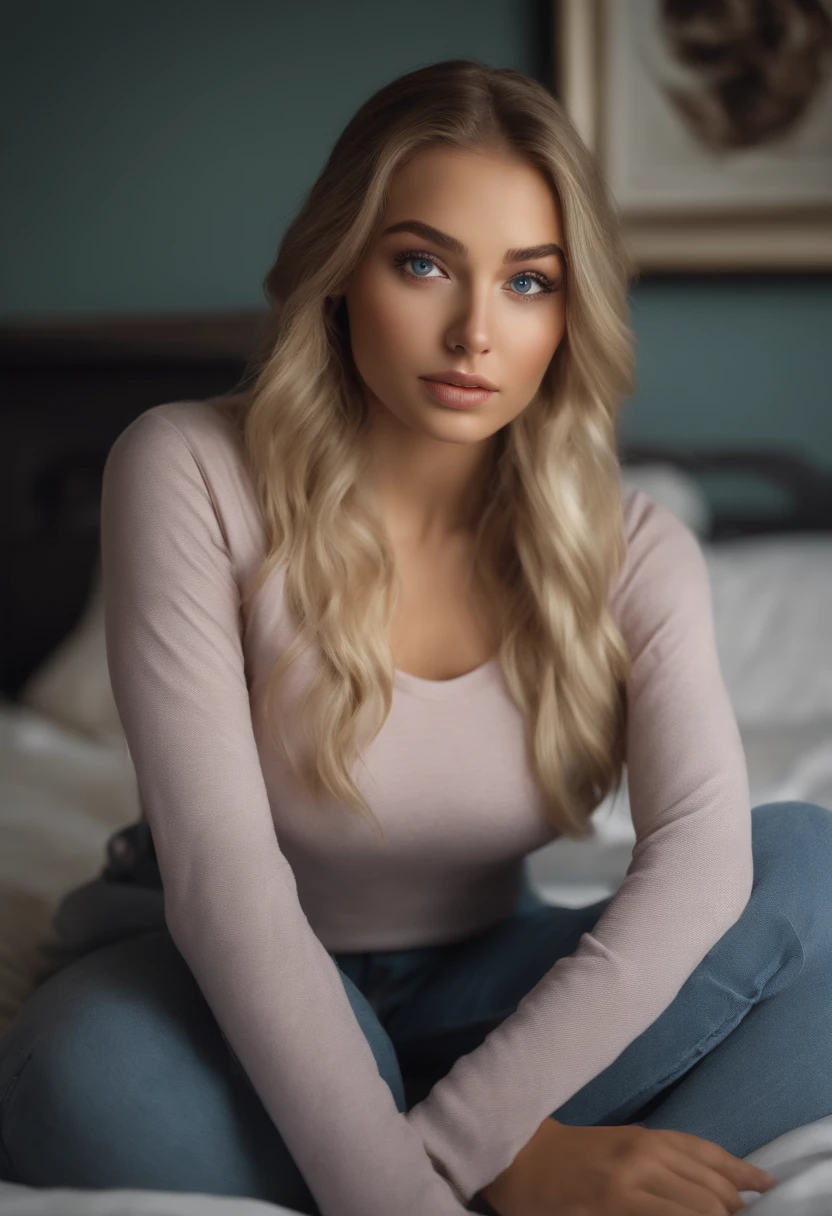 arafed woman fully , with blue eyes, ultra realistic, meticulously detailed, portrait sophie mudd, blonde hair and large eyes, selfie of a young woman, bedroom eyes, violet myers, without makeup, natural makeup, looking directly at the camera, face with artgram, subtle makeup, stunning full body shot kneeling on bed, in bedroom, medium to large size bust, inside a stadium