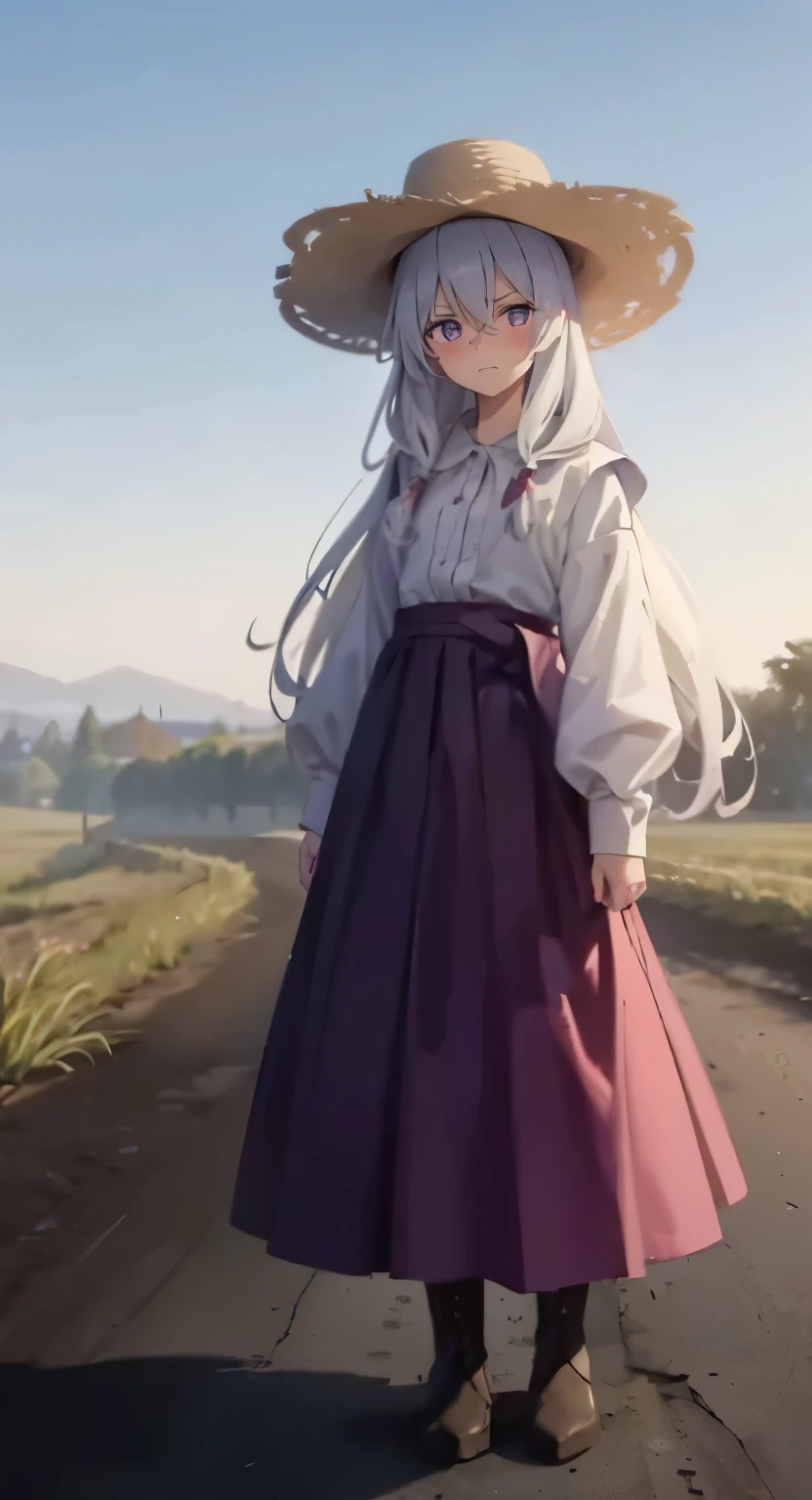 Masterpiece, 4k, hd, elaina (majo no tabitabi), beautiful, Farmer cosplay, white hair,flat chest, long hair, Crested, hair between eyes, solo, purple eyes, Farmer clothes , Traditional, traditional style, simple clothes, Farmer hat, conical hat, open clothes, boot, Hoe, Sulking, angry, cheeks puffed out , blushing, stand, road, The road leads to the viewer, the road is made of dirt, she stands in the middle of the road, full image, mattock, Far away, the viewer looks from afar, she stand 10 meter from viewer, (the camera is slightly taller than him