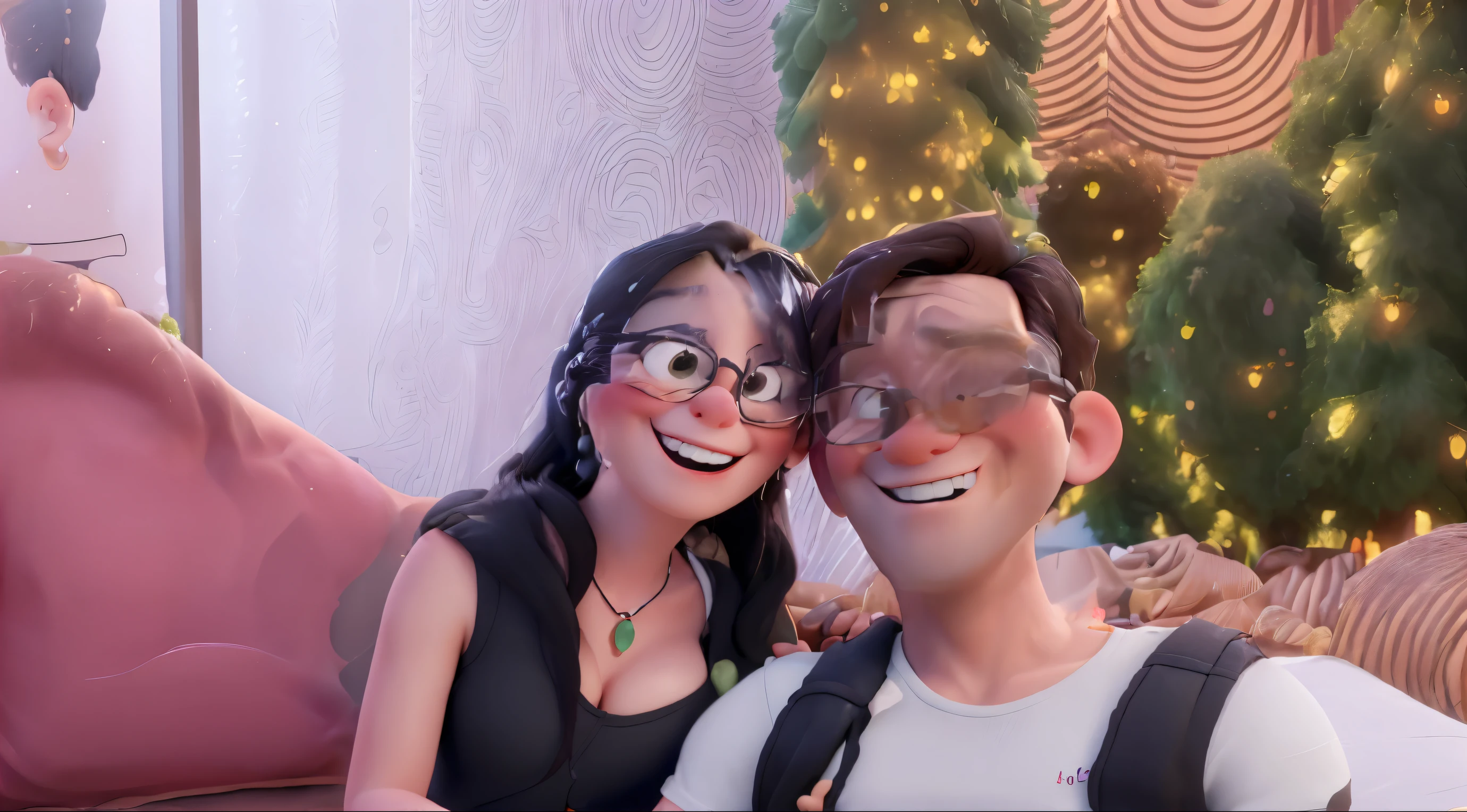 An illustration of an adorable couple, Highlights include a smiling white man and a brunette woman with glasses and beautiful expressive eyes - the man'the skin is white and the man'o cabelo tem, while the woman's skin is black and the woman's hair is straight and brown. They are a bright room, cada um com um sorriso no rosto, e compartilhar um momento especial caracterizado pelo amor, Perceptions. Illustrate this scene from a perspective where they are facing the camera, Smiling and showing your connection. Desenvolva esta arte em Full HD, Focus on your cinematic flair, Disney Pixar animation style