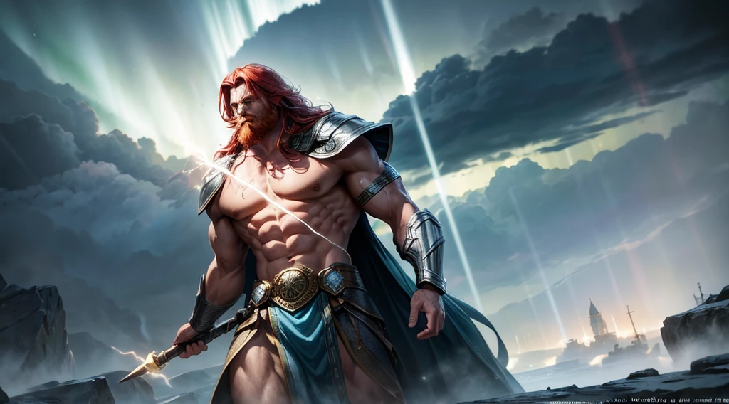 "Thor,lightning god,thunder deity,mythology,hauntingly powerful figure,strong muscular build,striking red hair,flowing golden beard,intense blue eyes,exquisite detailed armor,enchanted hammer Mjolnir,(godlike presence:1.1),epic battle scene,heavy rain and storm clouds,crackling lightning bolts,wind-swept landscape,heavenly rays of light piercing through the dark clouds,divine power emanating from his body,(dramatic and dynamic:1.2) portrayal,aurora borealis-like colors dancing in the sky,showcasing immense strength and mythological grandeur,iconic Viking symbolism,thunderous applause. (best quality,4k,highres:1.2),vivid colors,remarkable attention to detail,(photorealistic rendering:1.37),impressive depth and realism,unforgettable masterpiece."