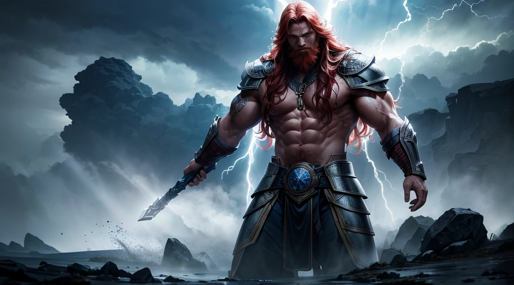 "Thor,lightning god,thunder deity,mythology,hauntingly powerful figure,strong muscular build,striking red hair,flowing golden beard,intense blue eyes,exquisite detailed armor,enchanted hammer Mjolnir,(godlike presence:1.1),epic battle scene,heavy rain and storm clouds,crackling lightning bolts,wind-swept landscape,heavenly rays of light piercing through the dark clouds,divine power emanating from his body,(dramatic and dynamic:1.2) portrayal,aurora borealis-like colors dancing in the sky,showcasing immense strength and mythological grandeur,iconic Viking symbolism,thunderous applause. (best quality,4k,highres:1.2),vivid colors,remarkable attention to detail,(photorealistic rendering:1.37),impressive depth and realism,unforgettable masterpiece."