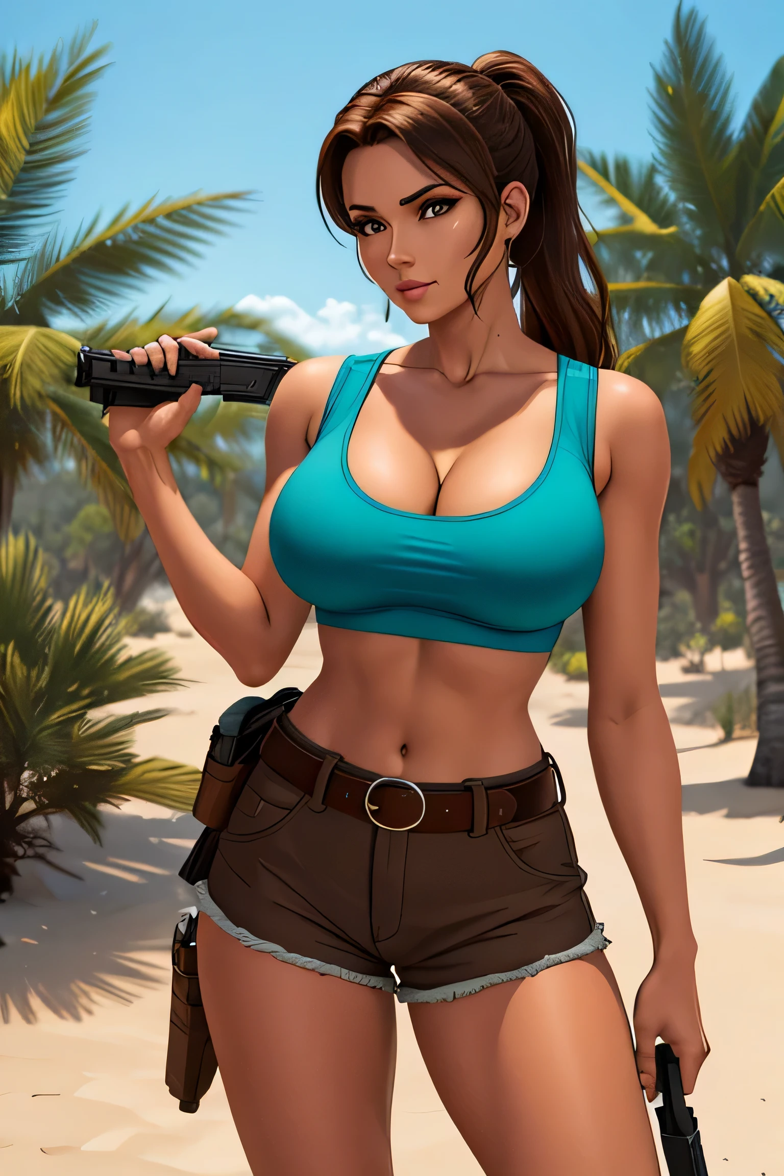 masterpiece, best quality, expressive eyes, perfect face, large breast, big breast, small waist, perfect figure, highly detailed, showing cleavage, brown eyes, large nipples, Brown hair, one pony tail, bangs, dressed as lara croft, full body portrait, she's in the desert, brown shorts, belt gun holster, teal spandex top, brown hiking boots, palm trees in the background, brown shorts, dark brown shorts, short shorts, teal top, mid section exposed