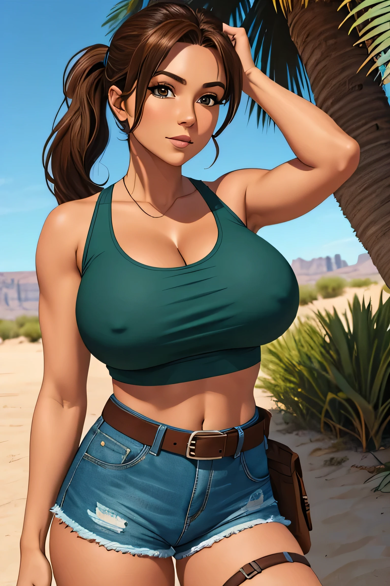 masterpiece, best quality, expressive eyes, perfect face, large breast, big breast, small waist, perfect figure, highly detailed, showing cleavage, brown eyes, large nipples, Brown hair, one pony tail, bangs, dressed as lara croft, full body portrait, she's in the desert, brown shorts, belt gun holster, teal spandex top, brown hiking boots, palm trees in the background, brown shorts, dark brown shorts, short shorts, teal top, mid section exposed