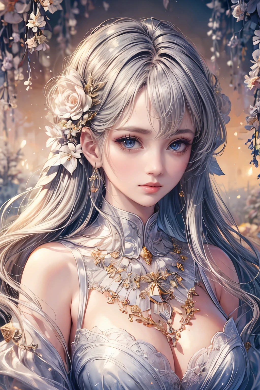 (best quality,8K,CG),detailed upper body,lonely girl,floral forest background,complex facial features,elegant long curly hair,almond-shaped big eyes,detailed eye makeup,long eyelashes,twinkling stars,exquisite lip details,soft and harmonious style.