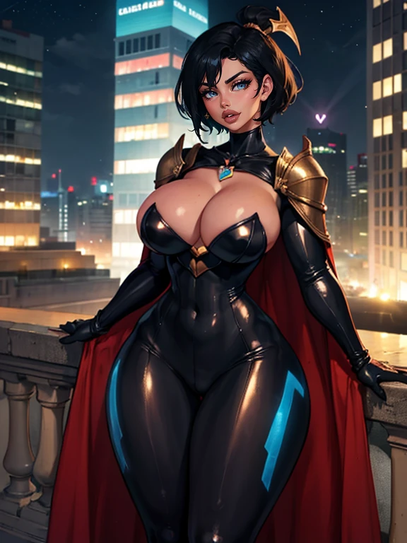 Black skin, wavy black hair, bronze highlights,red thick lips, beautiful long legs, glowing skin, goofy smile, Short haircut, blue bodysuit,{{{(((bodysuit with bronze details)))}}}, gloves, bronze neckline,((blue cleavage)),(((full body standing))),(((strapless))),((bronze heart shaped neck necklace)),city at night, on top of a building, watching like a hero,{((bronze details throughout the costume))}. (((BLUE hearts in the air surrounding the body))). (((List provides sides on the thighs))),(((bronze pointed shoulder pads up))),(((long cape on the coast))).