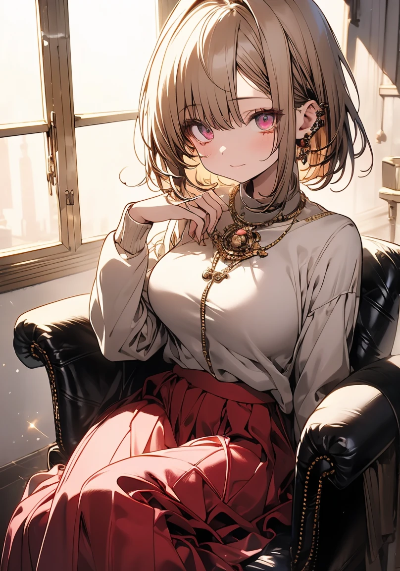 masterpiece, absurdres, best quality, ultra detailed, high Resolution, detailed illustration, extremely beautiful detailed face and eyes, bright colour, 1girl, (loli), cute face, Delicate beautiful face, magenta eyes, cute eyes, sparkling eyes, big eyes, medium breasts, (perky breasts:1.1), (pointy breasts:1.1), medium hips, glamorous body, white skin, surprise, BREAK, long bob cut, (blonde hair:0.8), messy hair, detailed hair, shiny hair, BREAK sweater, long skirt, tiny ribbon, working, computer, sitting chair, office, real world, natural lights, perfect lighting,