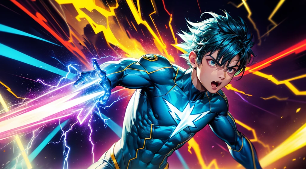 A boy with electric powers, colorful comic book style, lightning bolts, superhero costume, powerful energy, electrifying atmosphere, intense focus, electrifying sparks, dynamic action, intense facial expression, vibrant colors, dramatic lighting, electrifying background, electrifying energy emanating from his hands and body, electrifying forcefield surrounding him.
(best quality, high resolution, ultra-detailed), comic book style, (vivid colors:1.1, vibrant color palette), intense facial expression, dynamic action, powerful energy, electrifying sparks, (electrifying atmosphere:1.1), (electric powers), superhero costume, (dramatic lighting:1.1), electrifying background, (electricity effects:1.2), (electricity bolts), (intense focus:1.1), (electrifying forcefield), (electricity emanating), intense and dramatic composition.