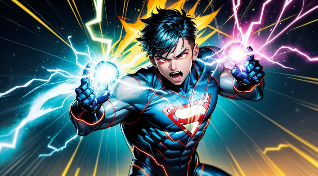 A boy with electric powers, colorful comic book style, lightning bolts, superhero costume, powerful energy, electrifying atmosphere, intense focus, electrifying sparks, dynamic action, intense facial expression, vibrant colors, dramatic lighting, electrifying background, electrifying energy emanating from his hands and body, electrifying forcefield surrounding him.
(best quality, high resolution, ultra-detailed), comic book style, (vivid colors:1.1, vibrant color palette), intense facial expression, dynamic action, powerful energy, electrifying sparks, (electrifying atmosphere:1.1), (electric powers), superhero costume, (dramatic lighting:1.1), electrifying background, (electricity effects:1.2), (electricity bolts), (intense focus:1.1), (electrifying forcefield), (electricity emanating), intense and dramatic composition.
