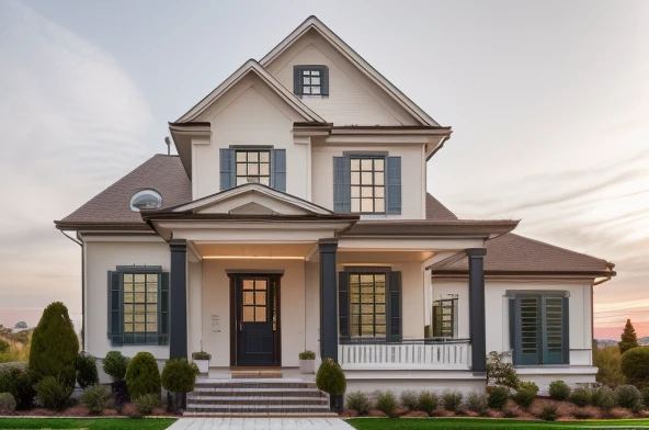 RAW photo,Masterpiece, high quality, best quality, authentic, super detail, exterior, one villa style Neoclassic, (Modern minimalist lines:1.2),(white wall:1.1), railing glass, glass windows,trees, grass, 8k uhd, dslr, soft lighting, high quality, film grain, Fujifilm XT3