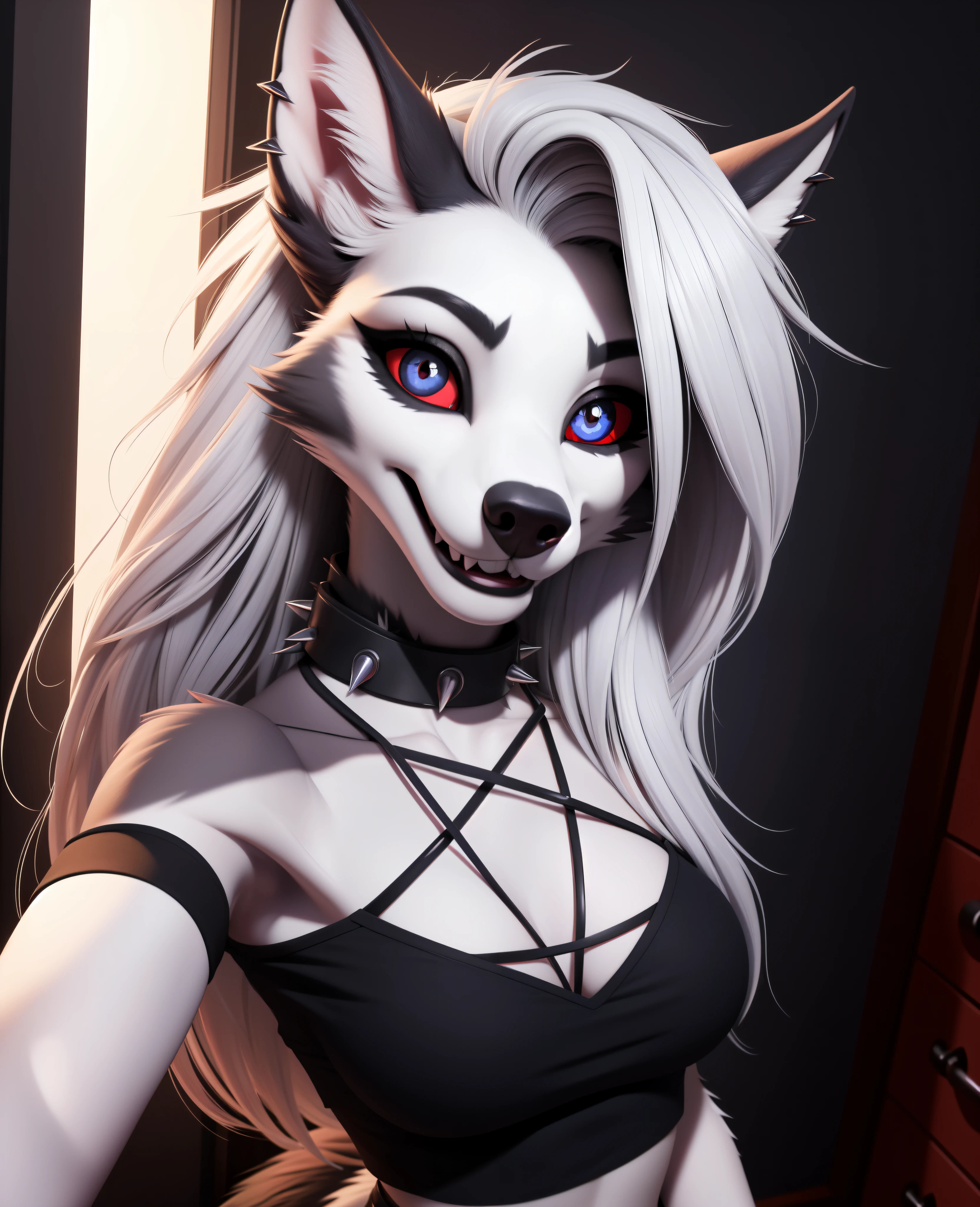 masterpiece, best quality, face portrait of a female anthro loona hellhound, loonacroptop, detailed face, (detailed eyes, slit pupils, white pupils:1.2), (red sclera), smile, [spiked collar, pentagram], (looking at viewer), selfie