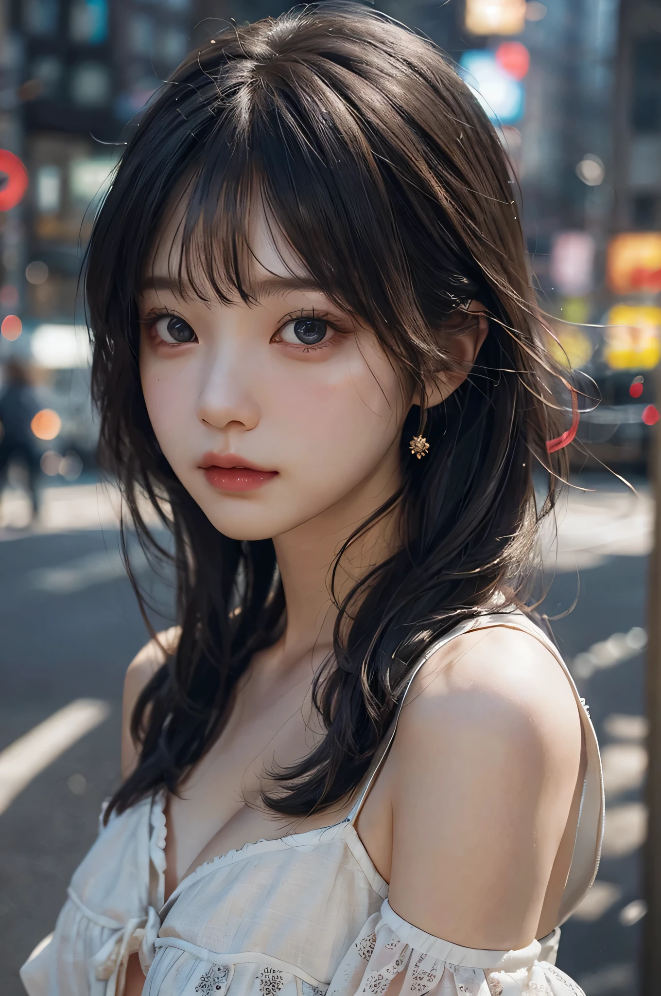 1 girl, Tokyo Street,night, Streetscape,City lights,Upper Body,close,smile,, (8k, RAW Photos, highest quality, masterpiece:1.2),(Realistic, photo-Realistic:1.37),