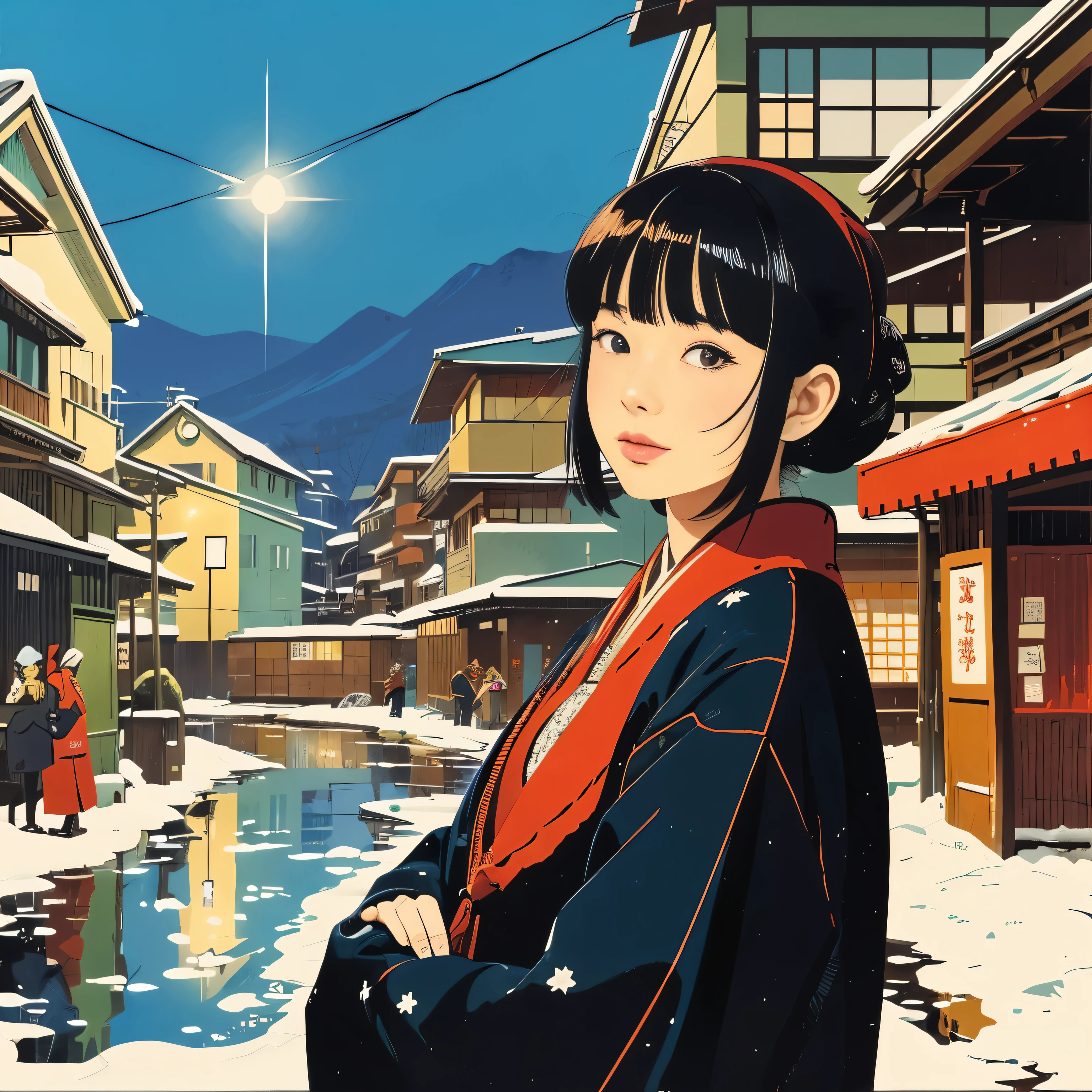 High resolution、Illustration style、Showa Anime、ukiyoe painting、((woman))、Tokyo、((fashion))、The background is a shrine、26 years old、Winters、Moon Night