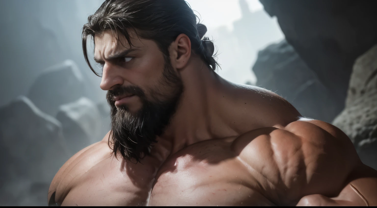 (best quality,4k,8k,highres,masterpiece:1.2),ultra-detailed,(realistic,photorealistic,photo-realistic:1.37),muscle giant man,manly,biggest of all,macrophilia,growth more and more,tight clothes,long hair,bearded,serious face,warrior,medieval,looking down to me,heavy armor,sculpted muscles,intense gaze,imposing presence,dark and menacing background,dramatic lighting,shadows and highlights,resolute expression,stern and fearless,stoic,commanding presence,muscles bulging,rippling biceps,veins popping,steel-like determination,majestic and powerful,dominant figure,towering height,muscle definition emphasized,strong jawline,stern eyebrows,weathered and battle-scarred appearance,intimidation factor heightened,ominous aura,dark and gritty atmosphere,enchanted sword,glistening with power,powerful aura radiating from him,aura of invincibility,dominance and superiority,otherworldly strength,personification of strength and power.