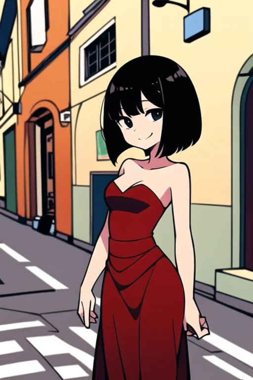 1 girl, Solo, Teenage, Black hair, Short black hair, Medium Hair, Bob Hair, Black eyes, Strapless, Red Flamenco Dress, Off-the-Shoulders dress, Flamenco dancer, Smile, the Mexican city street, Sexy, masterpiece, High quality.