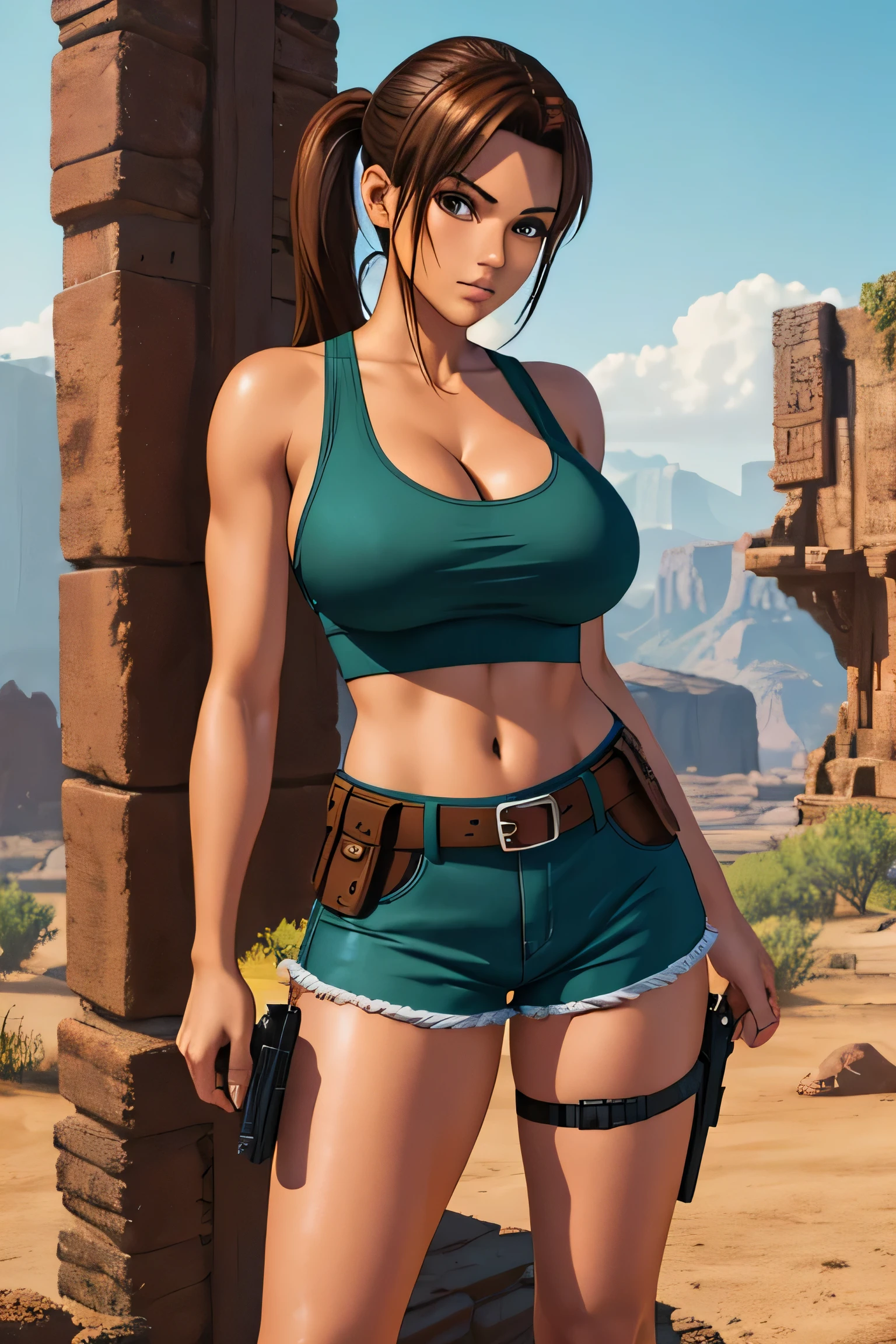 masterpiece, best quality, expressive eyes, perfect face, large breast, big breast, small waist, perfect figure, highly detailed, showing cleavage, brown eyes, large nipples, Brown hair, one pony tail, bangs, dressed as lara croft, full body portrait, she's in the desert, brown shorts, belt gun holster, teal spandex top, brown hiking boots, brown shorts, dark brown shorts, short shorts, teal top, mid section exposed, brown shorts, standing by aztec temple, she is in the jungle