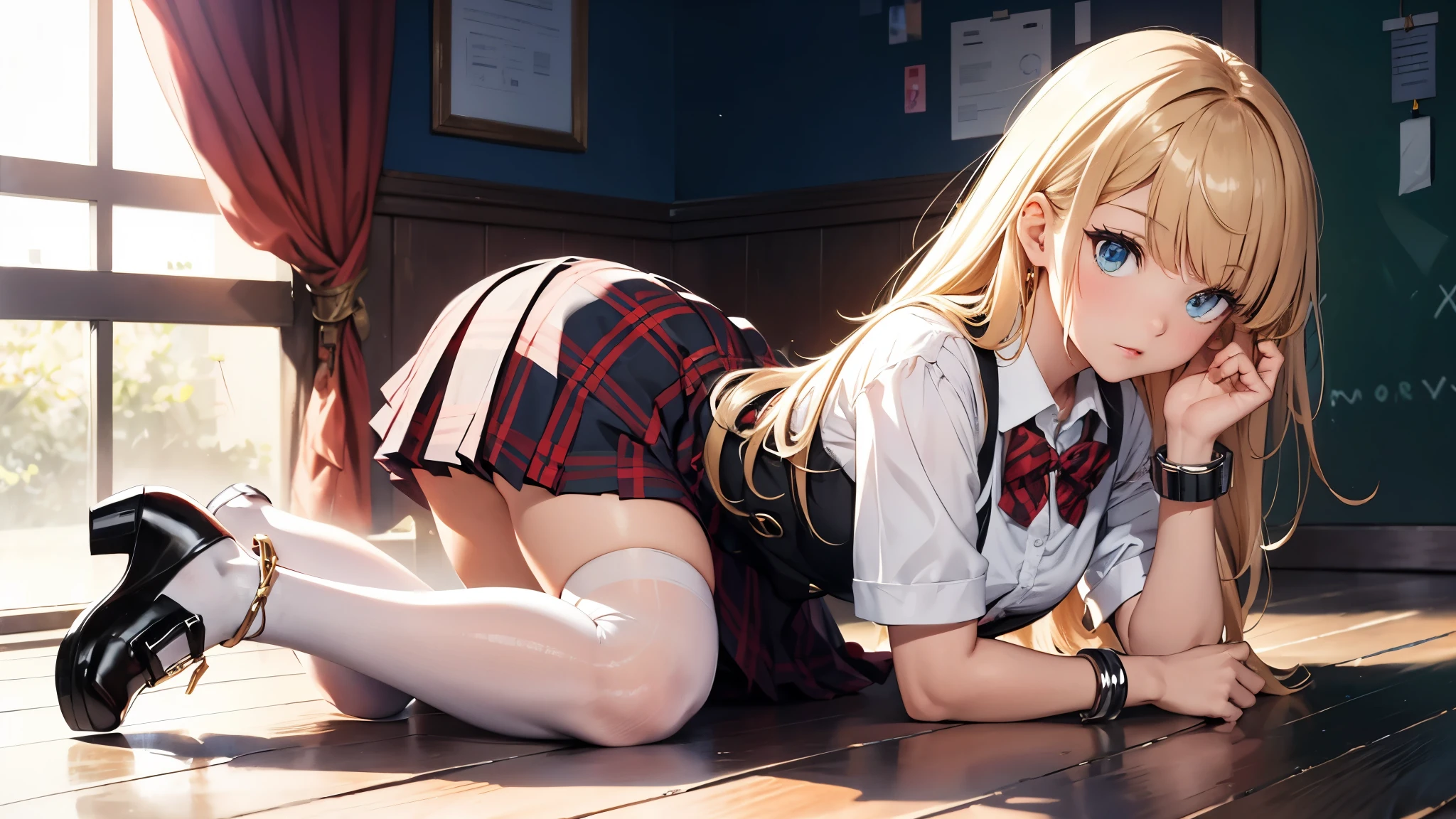 best qualityer,tmasterpiece,Ultimate resolution,downy,Extremely colorful,(JK school uniform),skimpy clothes, neck bowtie,Plaid skirteauty severed head,Normal posture,Redlip,(Kneeling pose)(Point at you with your ass),shackle,behead,Collar,handcuff,Anklets,(white stockings),Mary Jane shoes,