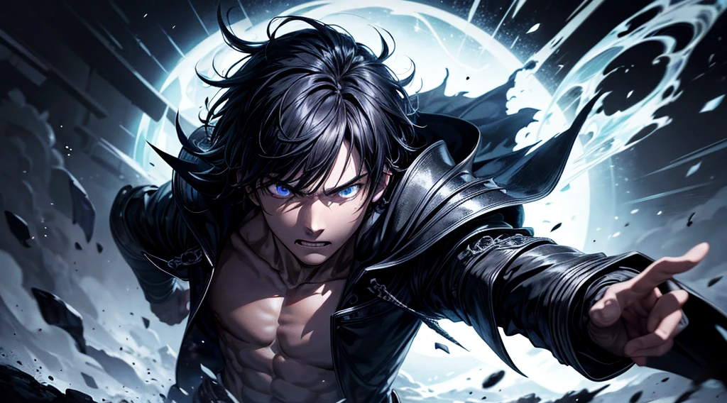 best quality,ultra-detailed,realistic:1.37,portrait,dark fantasy,anime,solo leveling,heroic character, one boy, sharp focus,magical powers,mysterious aura,dynamic pose,threatening expression,glowing eyes,demonic presence,grim reaper cloak,detailed armor,enchanted weapon,dark background,eerie lighting,blue color palette,smoke effects,action scene,high contrast,fluid brush strokes,masterpiece:1.2