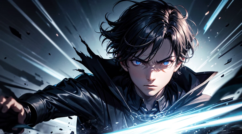 best quality,ultra-detailed,realistic:1.37,portrait,dark fantasy,anime,solo leveling,heroic character, one boy, sharp focus,magical powers,mysterious aura,dynamic pose,threatening expression,glowing eyes,demonic presence,grim reaper cloak,detailed armor,enchanted weapon,dark background,eerie lighting,blue color palette,smoke effects,action scene,high contrast,fluid brush strokes,masterpiece:1.2