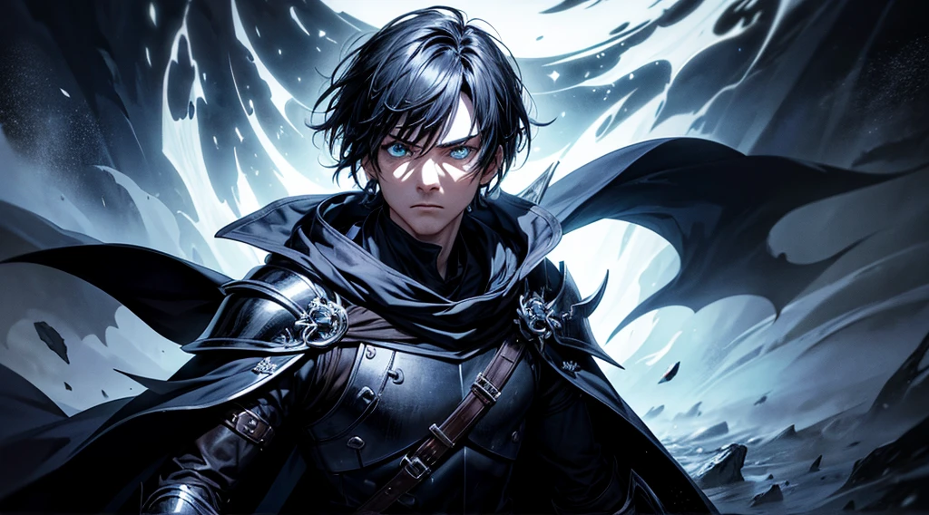 best quality,ultra-detailed,realistic:1.37,portrait,dark fantasy,anime,solo leveling,heroic character, one boy, sharp focus,magical powers,mysterious aura,dynamic pose,threatening expression,glowing eyes,demonic presence,grim reaper cloak,detailed armor,enchanted weapon,dark background,eerie lighting,blue color palette,smoke effects,action scene,high contrast,fluid brush strokes,masterpiece:1.2