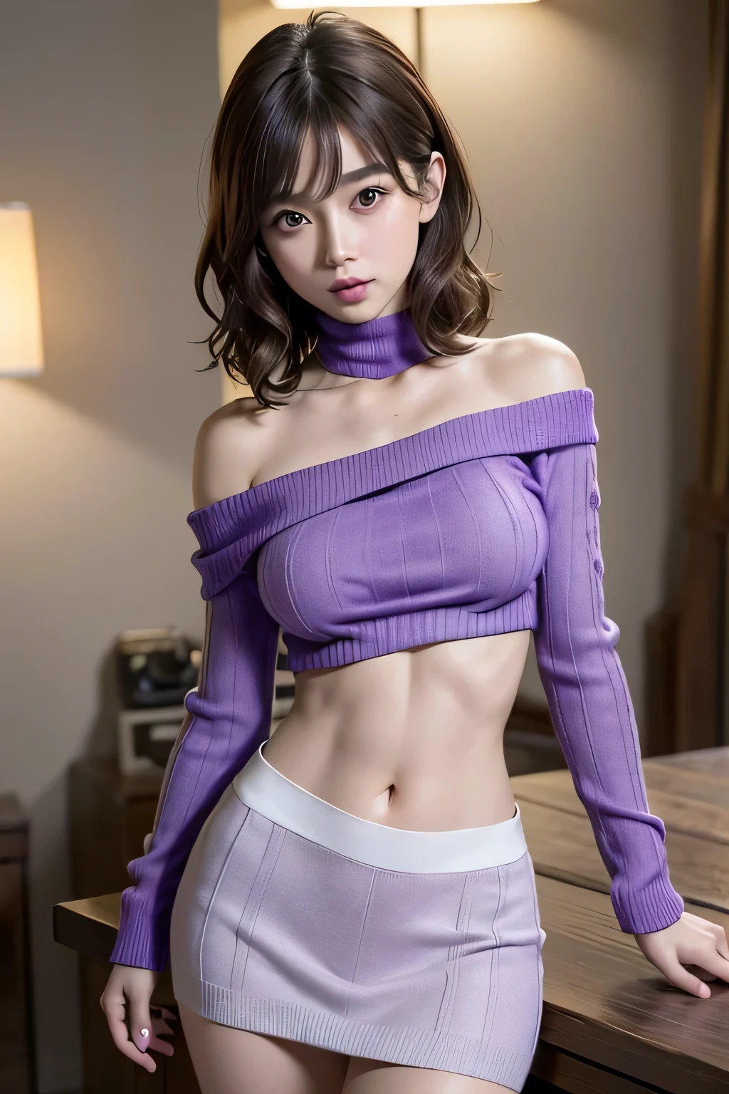 on the table, ultra high resolution, (lifelike:1.4), 8K, RAW photogr, best quality, Detailed shadows, best quality, Amazing Cleavage, fine details, official art, absurd, soft light, Sharpfortok:0.5), light in front, bloom, movie lighting, There is light on the face, (cowboy shooting:1.5),1 girl in, (Big breasts:1), (split:1), (light brown medium hair:1.4), (Bangs:1), very cute, (Narrow waist:1.8), (Abs:0.7), (30 age old:1),(clavicle:1), (Skinny:1.2), (Japanese face:1.2), (wide forehead:1.3), (White skin:1.5), (clear skin:1.5), ((The purple:1.3)off-shoulder knitted sweater:1.5), (black leggings:1.3), ((light brown)mini skirt:1.5), (lol:1.6),(Become the center of attention:1.5), (horizon:1.3), Winters,lifelike,hair length、thick lips