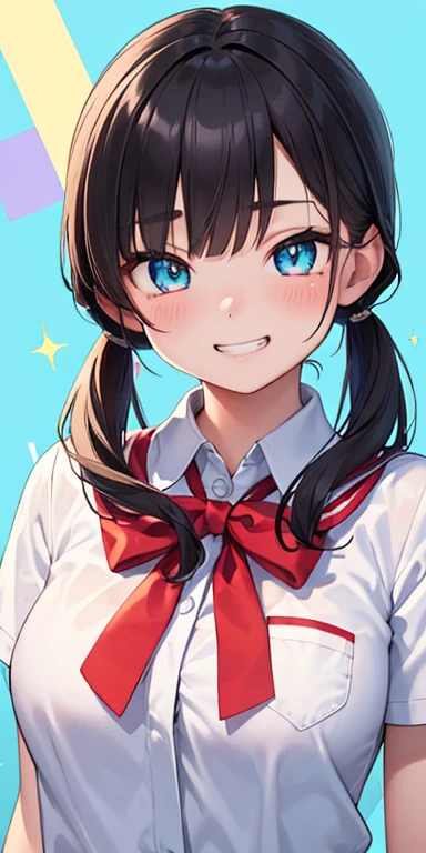 baby face, (colorful fluorescence multicolored  hair:1.5,short twintails:1.5,messy hair), (masterpiece, sidelights, exquisite beautiful eyes: 1.5), masterpieceportrait, realistic, {(Colorful splash background of different colors:1.5)},colorful,3D face,(cute face),front view: 1.6、 (glowing blue eyes:1.2),plump face:1.5,(tareme:1.5)、(grin:1.2),Rosy Mouth,Slim Body, shiny hair, shiny skin: 1.5、medium ,、solo,(stand)、(high school girl,school uniform)、(charactor focus:1.5、portlate:1.5、eye focus:1.5,upper body),pupils sparkling,(My eyes are sparkling:1.5)
