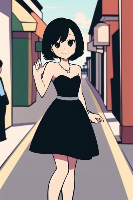 1 girl, Solo, Teenage, Black hair, Short black hair, Medium Hair, Bob Hair, Black eyes, Strapless, Little Black Dress, Off-the-Shoulders dress, pearl necklace, Smile, the Mexican city street, Sexy, masterpiece, High quality.