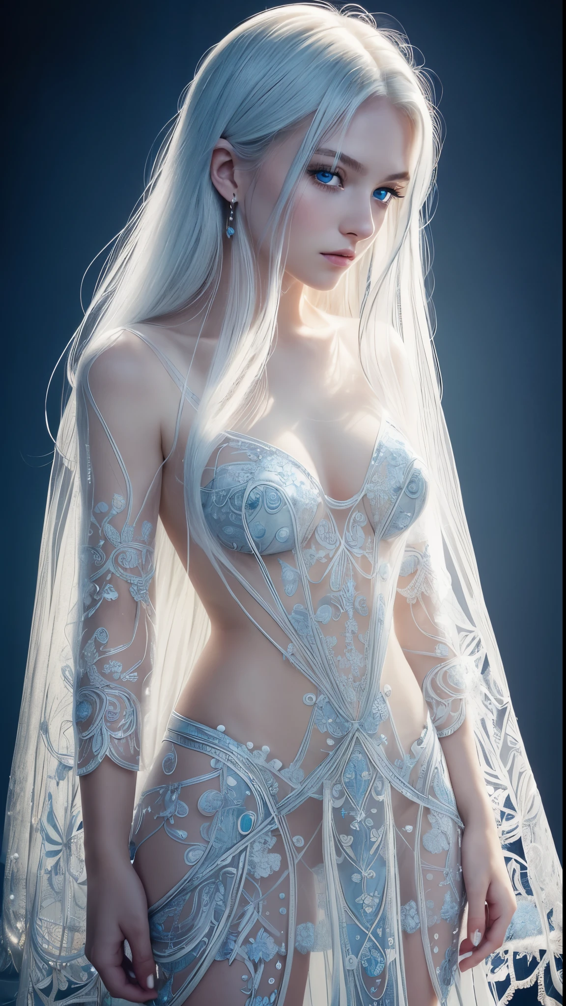 8k full body shot of beautiful white-haired 18 year old girl, (intricate, sheer, transparent, translucent,(no clothes:1.2)), intricate, beautifull face, elegant, highly detailed, digital hyperrealistic photography, hyperrealistic photography filigree, shyness, most beautyfull face, (masterpiece, sidelighting, (finely detailed beautifull blue eyes: 1.2)),