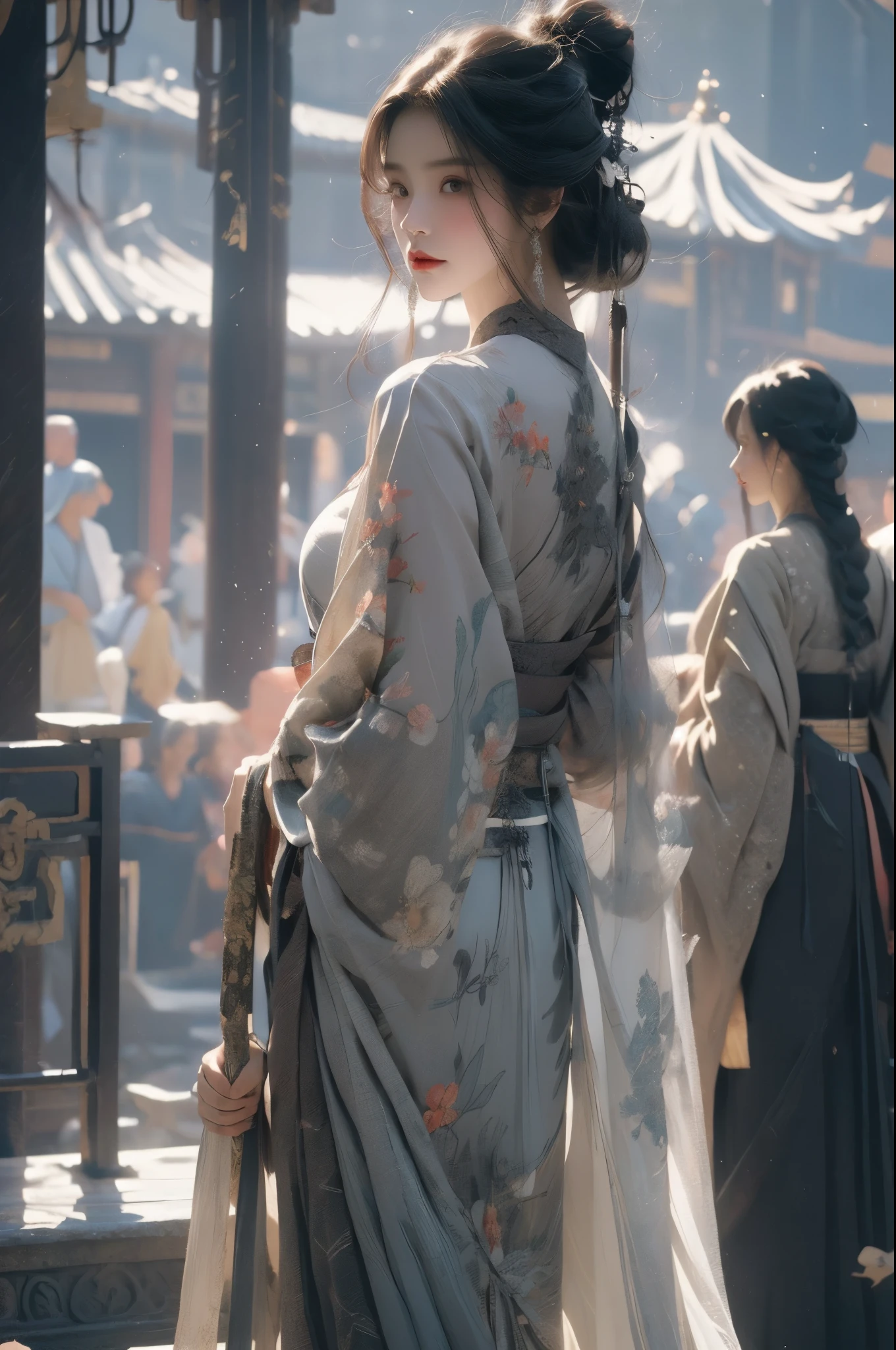 Best Quality, Masterpiece, Ultra High Resolution,(Realisticity:1.4), Original Photo, Cinematic Lighting, 1girl, 20 yo, solo, (stand up straight to reveal your long, slender thighs), medium breasts, (hand holding a long sword: 1), (a long sword:1), (Hanfu, white clothes), black hair, bangs, bun, (tired up short braids), hair ornament, fair skin,  full body, midjourney portrait,  (hanfu:1.39), ancient east asia architecture, china dress, avatar, lois van baarle, ilya kuvshinov, ross-draws, tom Bagshaw, global illumination, radiant light, detailed and intricate environment