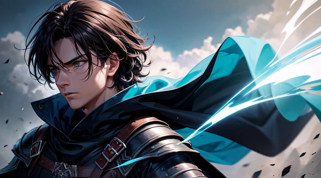 best quality,ultra-detailed,realistic:1.37,portrait,dark fantasy,anime,solo leveling,heroic character, one boy,Brown eyes, Brown hair, sharp focus,magical powers,mysterious aura,dynamic pose,threatening expression,glowing eyes,demonic presence,grim reaper cloak,detailed armor,enchanted weapon,dark background,eerie lighting,blue color palette,smoke effects,action scene,high contrast,fluid brush strokes,masterpiece:1.2