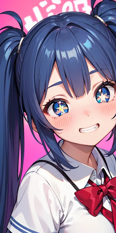 baby face, (colorful fluorescence multicolored  hair:1.5,short twintails:1.5), (masterpiece, sidelights, exquisite beautiful eyes: 1.5), masterpiece*portrait, realistic, {(Colorful splash background of different colors:1.5)},colorful,3D face,(cute face),front view: 1.6、 (glowing blue eyes),plump face:1.5,(tareme:1.5)、(evil grin:1.2),Rosy Mouth,Slim Body, shiny hair, shiny skin: 1.5、medium breasts,、solo,(stand)、(high school girl,school uniform)、(charactor focus:1.5、portlate:1.5、eye focus:1.5,upper body),(gradient eyes:1.5)