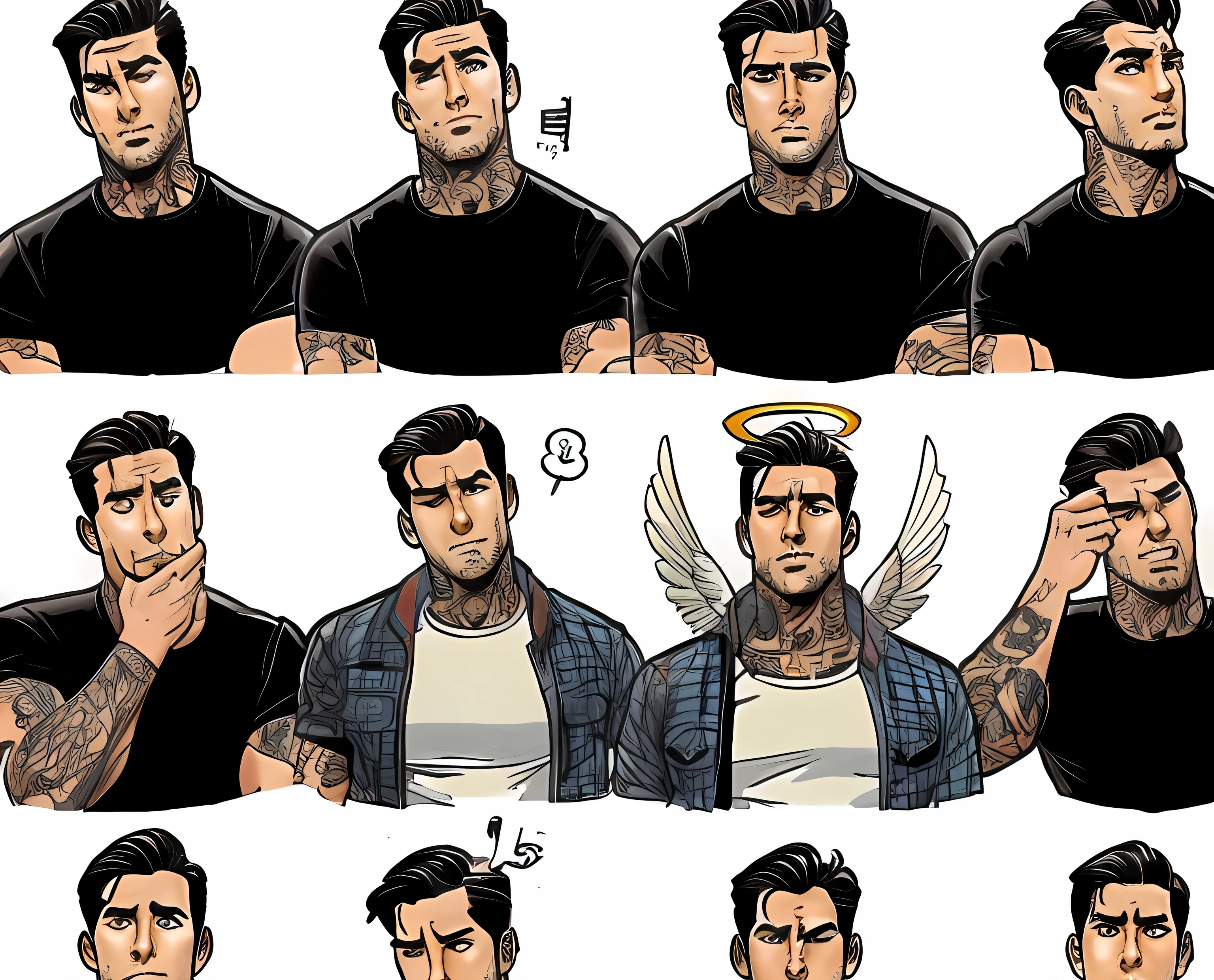a close up of a cartoon of a man with many different facial expressions, john romita senior, archie comic style, epic comic book style, comic character design, comic styled, male character design, comic drawing style, frank cho, by Eddie Mendoza, rukis. comic book style, character turnaround, graphic artist davi blight, comic artstyle, face variations