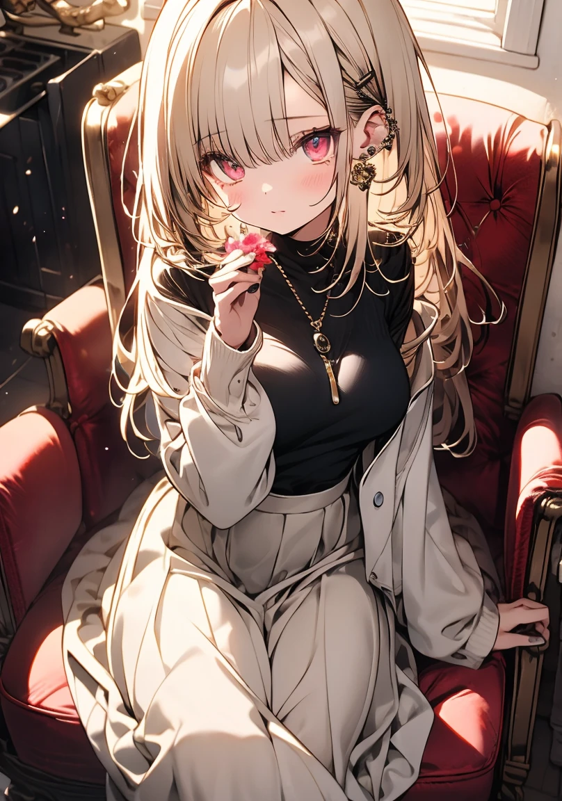 masterpiece, absurdres, best quality, ultra detailed, high Resolution, detailed illustration, extremely beautiful detailed face and eyes, bright colour, 1girl, (loli), cute face, Delicate beautiful face, magenta eyes, cute eyes, sparkling eyes, big eyes, medium breasts, (perky breasts:1.1), (pointy breasts:1.1), medium hips, glamorous body, white skin, surprise, BREAK, long bob cut, (blonde hair:0.8), messy hair, detailed hair, shiny hair, BREAK sweater, long skirt, tiny ribbon, stove, sitting chair, living, real world, natural lights, perfect lighting,