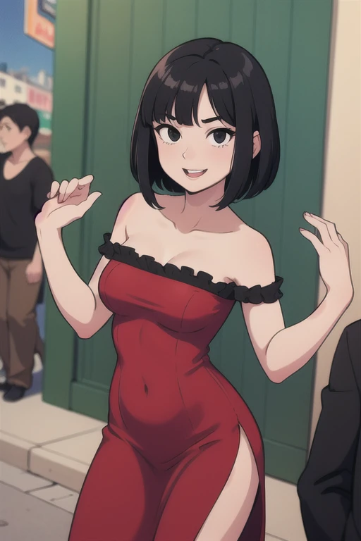 1 girl, Solo, age, Black hair, Short black hair, Medium Hair, Bob Hair, Black eyes, Strapless, Red Flamenco Dress, Off-the-Shoulders dress, Flamenco dancer, Smile, the Mexican city street, Sexy, masterpiece, High quality.