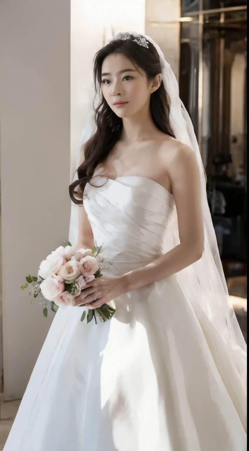 (Very detailed, reasonable design, Clear lines,Best quality, Masterpiece,Light and dark light Canon photography crystal clear （realisticlying:1.2）A beautiful woman in a white wedding dress. Background would be a beautiful church during the day time. 