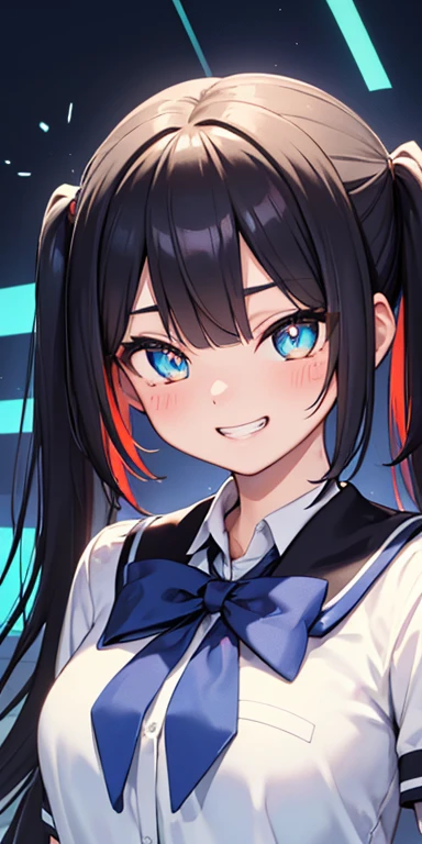 baby face, (colorful fluorescence multicolored  hair:1.5,short twintails:1.5,messy hair), (masterpiece, sidelights, exquisite beautiful eyes: 1.5), masterpiece*portrait, realistic, {(Colorful splash background of different colors:1.5)},colorful,3D face,(cute face),front view: 1.6、 (glowing blue eyes:1.2),plump face:1.5,(tareme:1.5)、(grin:1.2),Rosy Mouth,Slim Body, shiny hair, shiny skin: 1.5、medium breasts,、solo,(stand)、(high school girl,school uniform)、(charactor focus:1.5、portlate:1.5、eye focus:1.5,upper body),star-shaped pupils,(My eyes are sparkling:1.5)