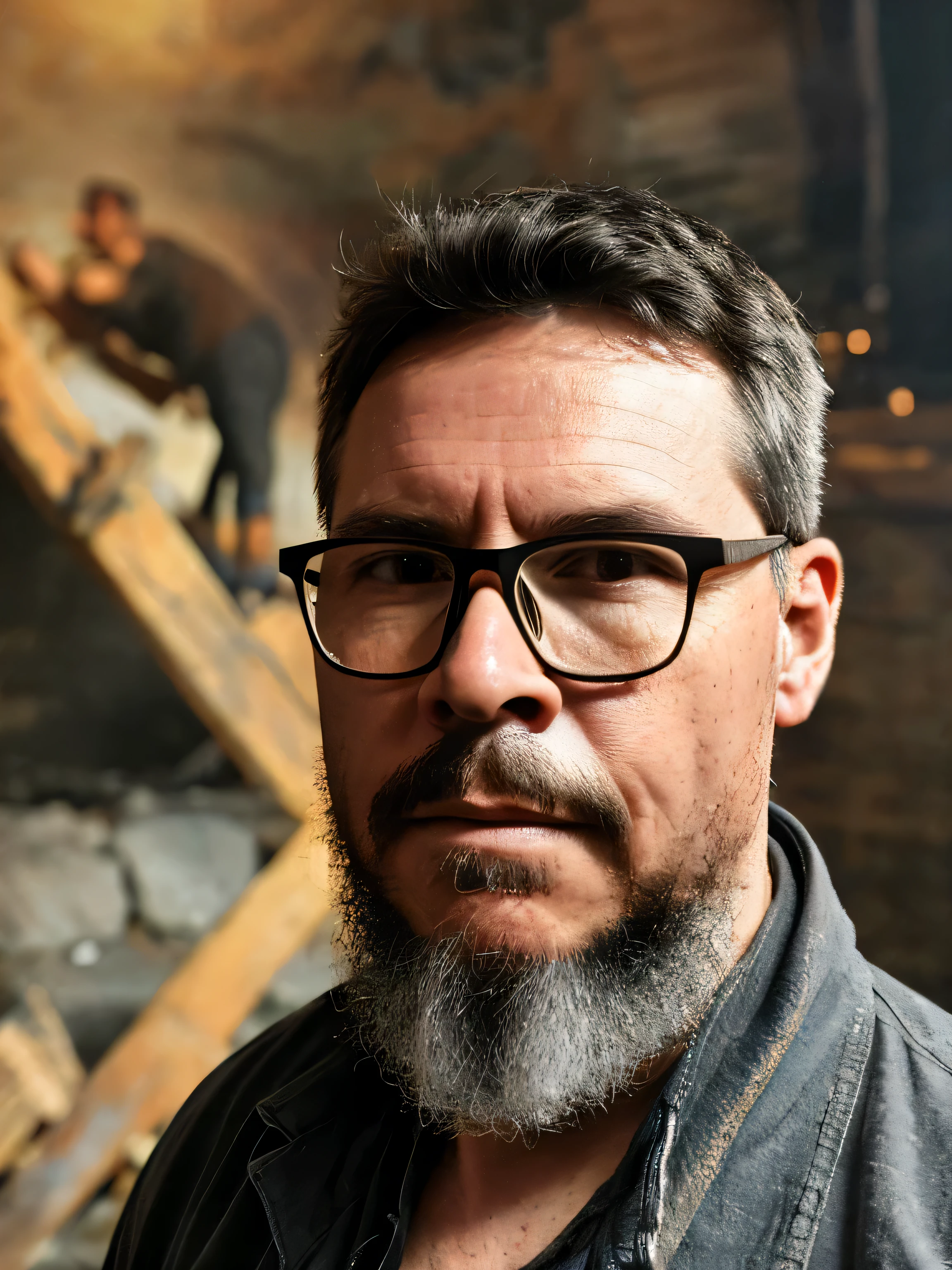 a portrait of an man with glasses coal miner in 19th century, beautiful painting with highly detailed face by greg rutkowski and magali villanueve, trending on artstation, sharp focus, studio photo, intricate details, highly detailed, by greg rutkowski. gutto2024a