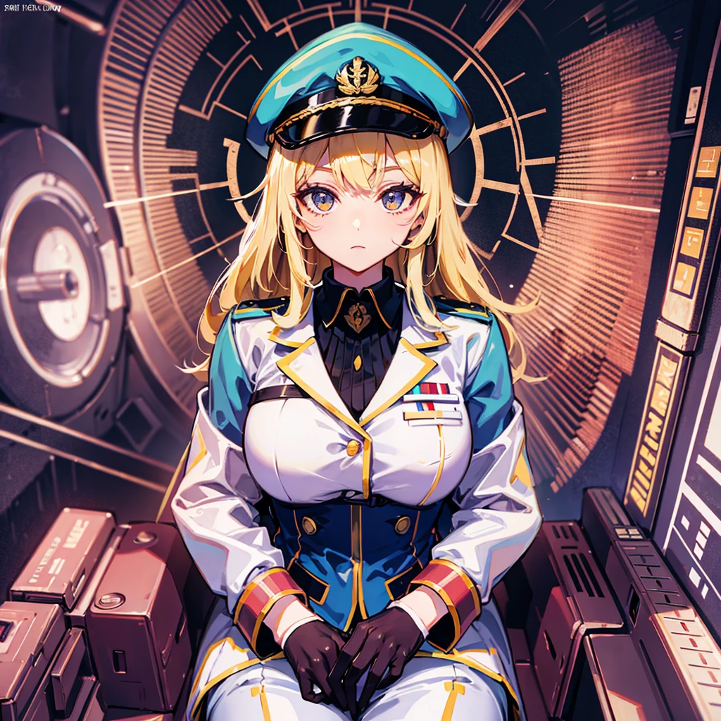 （（（​masterpiece）））、（（（Top image quality）））、（（（top-quality）））、（（（highly detailed unity 8ｋwall-paper）））、（Illustration of one woman）、full bodyesbian、30-years old、（（（neuter）））、（（Blonde twintails））、Light golden eyes、（（Tall））、（（（Muscular and strong body）））、（（（Split abs）））、（（（muscular and thick arms）））、（（（muscular and thick legs）））、（（（manspreading）））、（（Military uniforms））、（（Military Cap））、（（Military coat））、（white  clothes）、（White pants）、（White cap）、trench coat、（（Inside the spaceship、Sitting in the captain's seat））