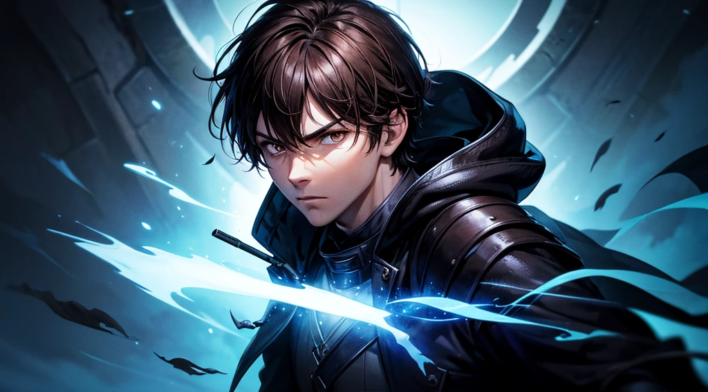 best quality,ultra-detailed,realistic:1.37,portrait,dark fantasy,anime,solo leveling,heroic character, one boy,Brown eyes, Brown hair, overcoat with hood, sharp focus,magical powers,mysterious aura,dynamic pose,threatening expression,glowing eyes,demonic presence,grim reaper cloak,detailed armor,enchanted weapon,dark background,eerie lighting,blue color palette,smoke effects,action scene,high contrast,fluid brush strokes,masterpiece:1.2