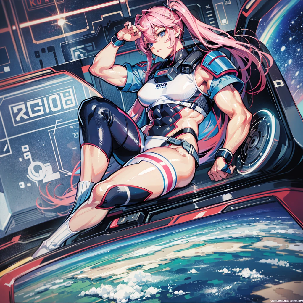 （（（masterpiece、Highest image quality、highest quality、highly detailed unity 8ｋwallpaper）））、（（Illustration of one adult））、（（25 years old））、（pilot）、（（（Beautiful girl with a beautiful face、The body is a man）））、（（（Twintails with pink hair）））、Light gray eyes、（（tall））、（（Muscular strong man's body））、（（Muscular strong man's body、solid chest、muscular chest plate、abs、muscular and thick arms、muscular and thick legs））、（（（白いpilotスーツ）））、（（manspreading、Sitting in the cockpit））、（（space fighter cockpit、The Universe on the Monitor、Earth seen from space））