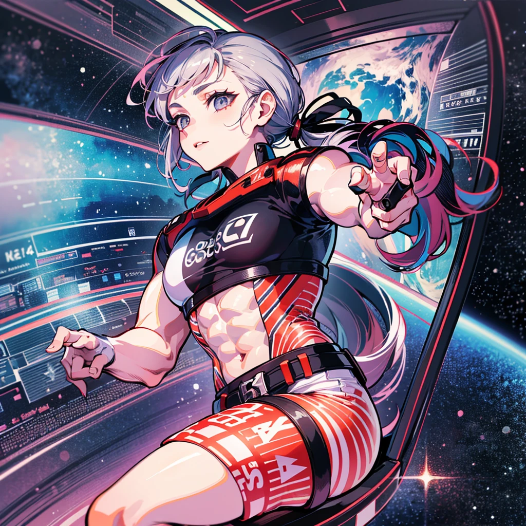（（（masterpiece、Highest image quality、highest quality、highly detailed unity 8ｋwallpaper）））、（（Illustration of one adult））、（（25 years old））、（pilot）、（（（Beautiful girl with a beautiful face、The body is a man）））、（（（Twintails with pink hair）））、Light gray eyes、（（tall））、（（Muscular strong man's body））、（（Muscular strong man's body、solid chest、muscular chest plate、abs、muscular and thick arms、muscular and thick legs））、（（（白いpilotスーツ）））、（（manspreading、Sitting in the cockpit））、（（space fighter cockpit、The Universe on the Monitor、Earth seen from space））